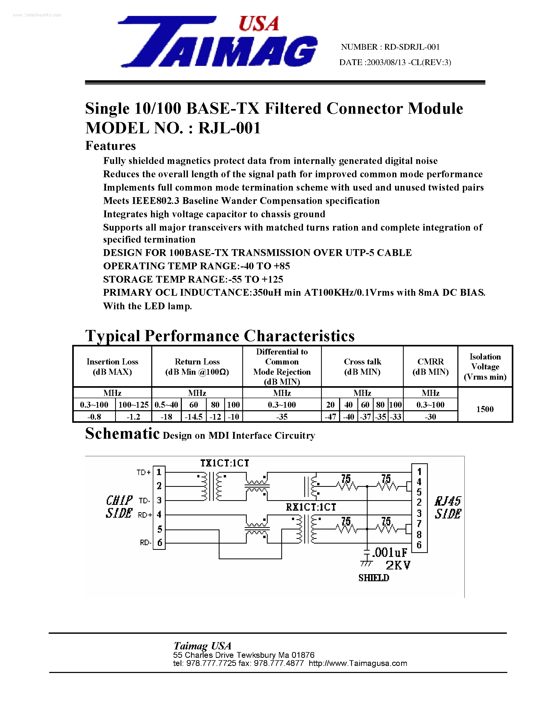 Даташит на микросхему RJL-001 страница 1 Даташит RJL-001 - Single 10/100 BASE-TX Filtered Connector Module страница 1