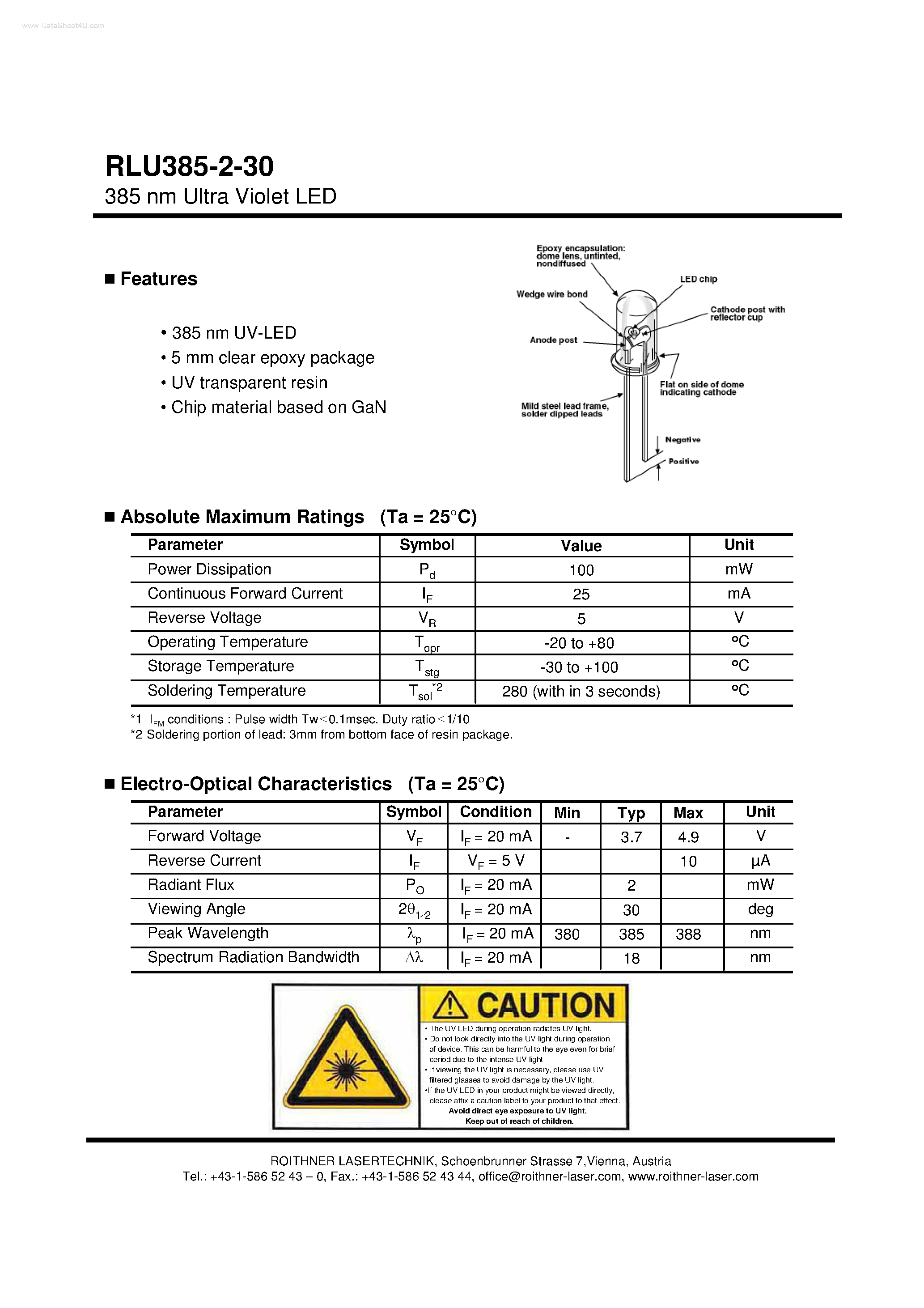 Datasheet RLU385-2-30 - Ultra Violet LED page 1