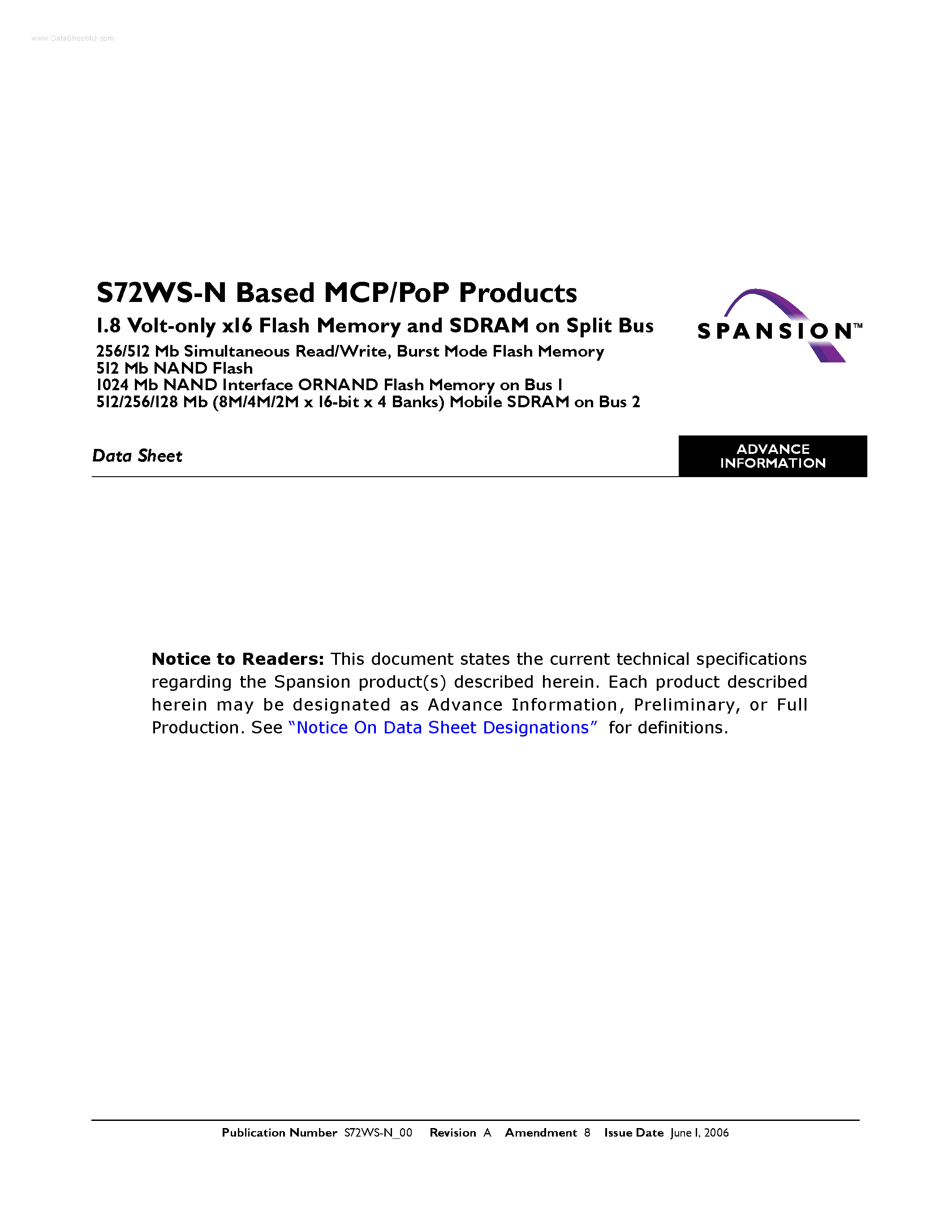 Datasheet S72WS-N - Based MCP/PoP Products page 1