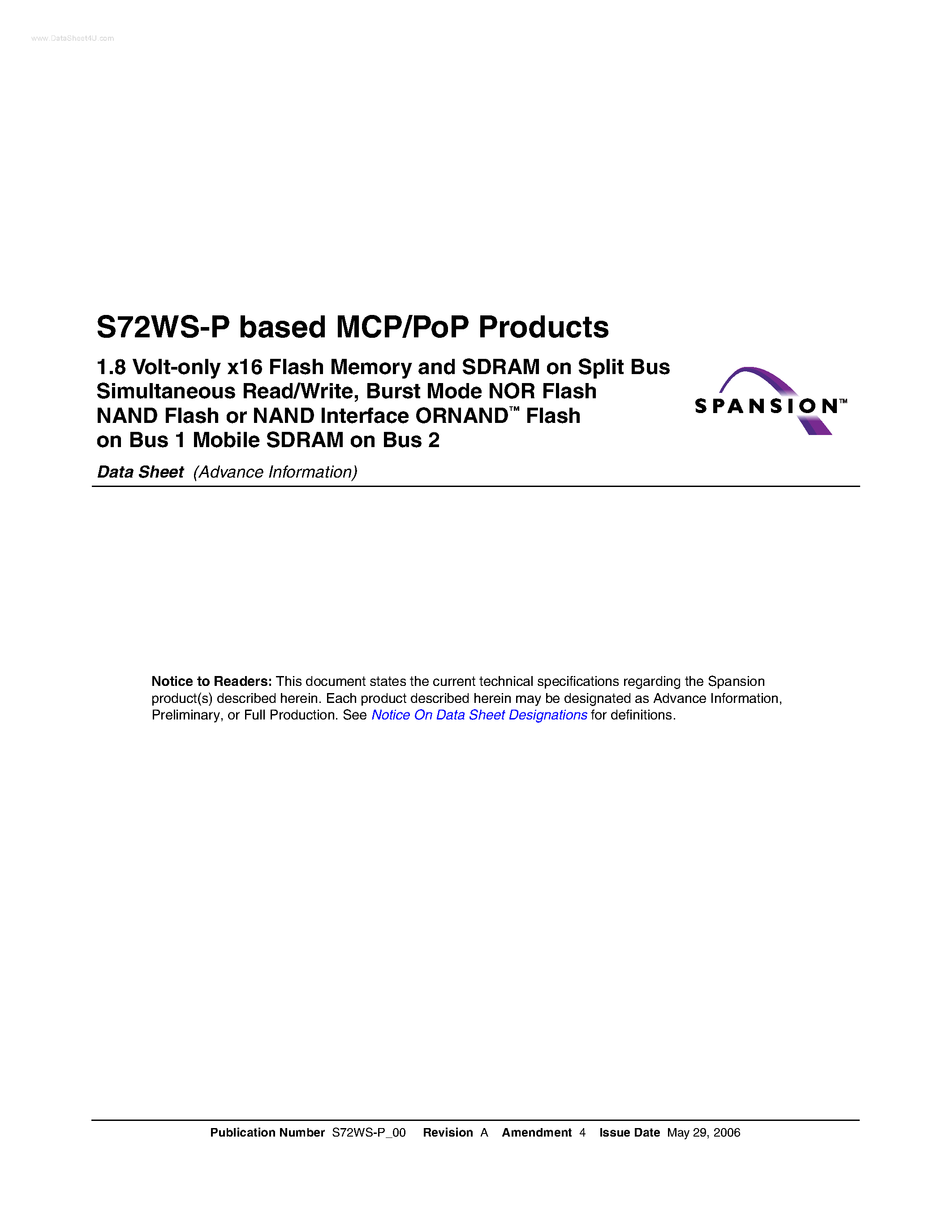 Даташит S72WS-P - based MCP/PoP Products страница 1