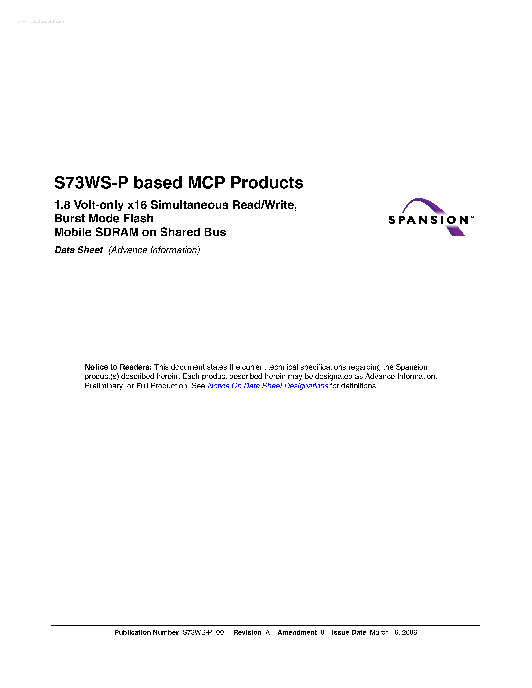 Даташит S73WS-P - Stacked Multi-Chip Product страница 1