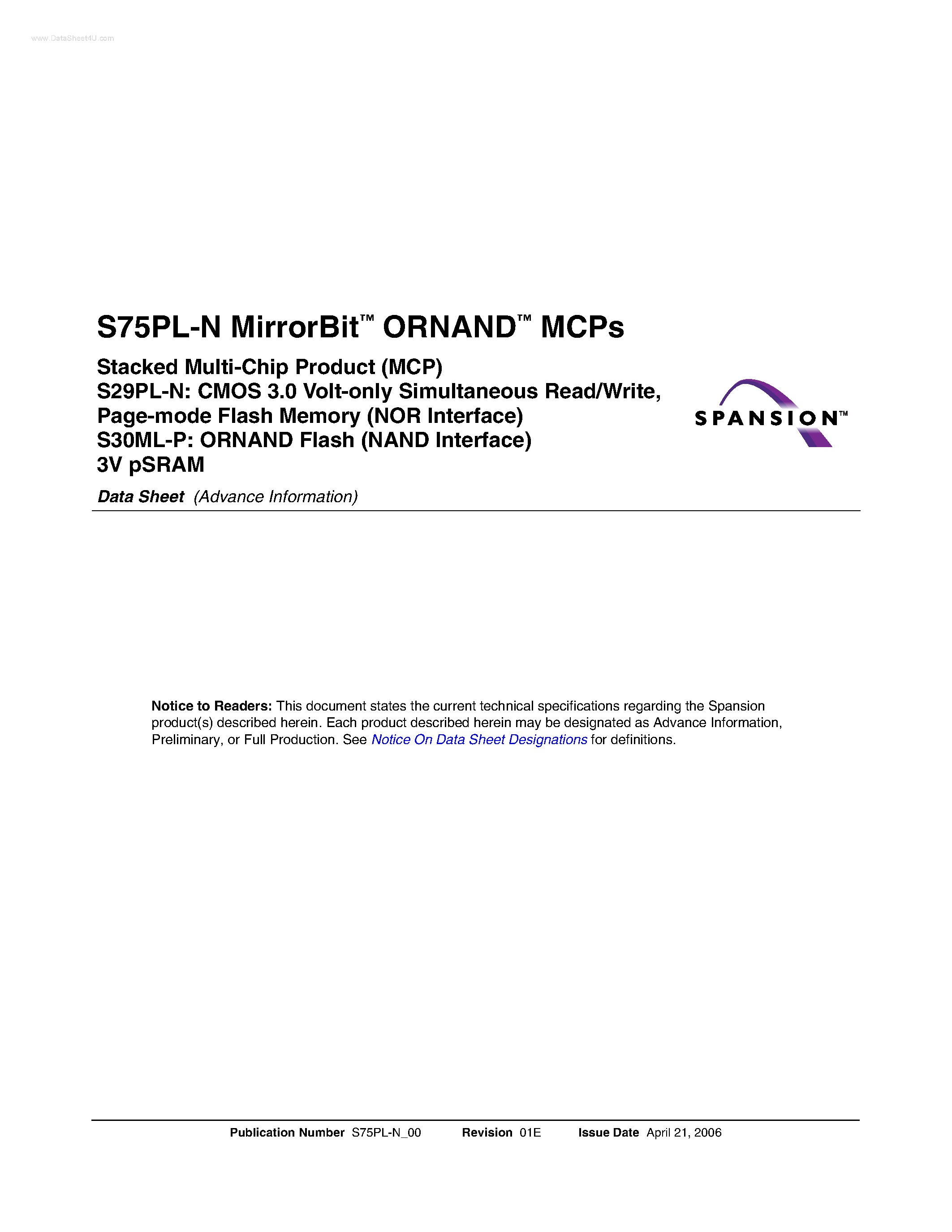 Даташит на микросхему S75PL-N страница 1 Даташит S75PL-N - Stacked Multi-Chip Product страница 1