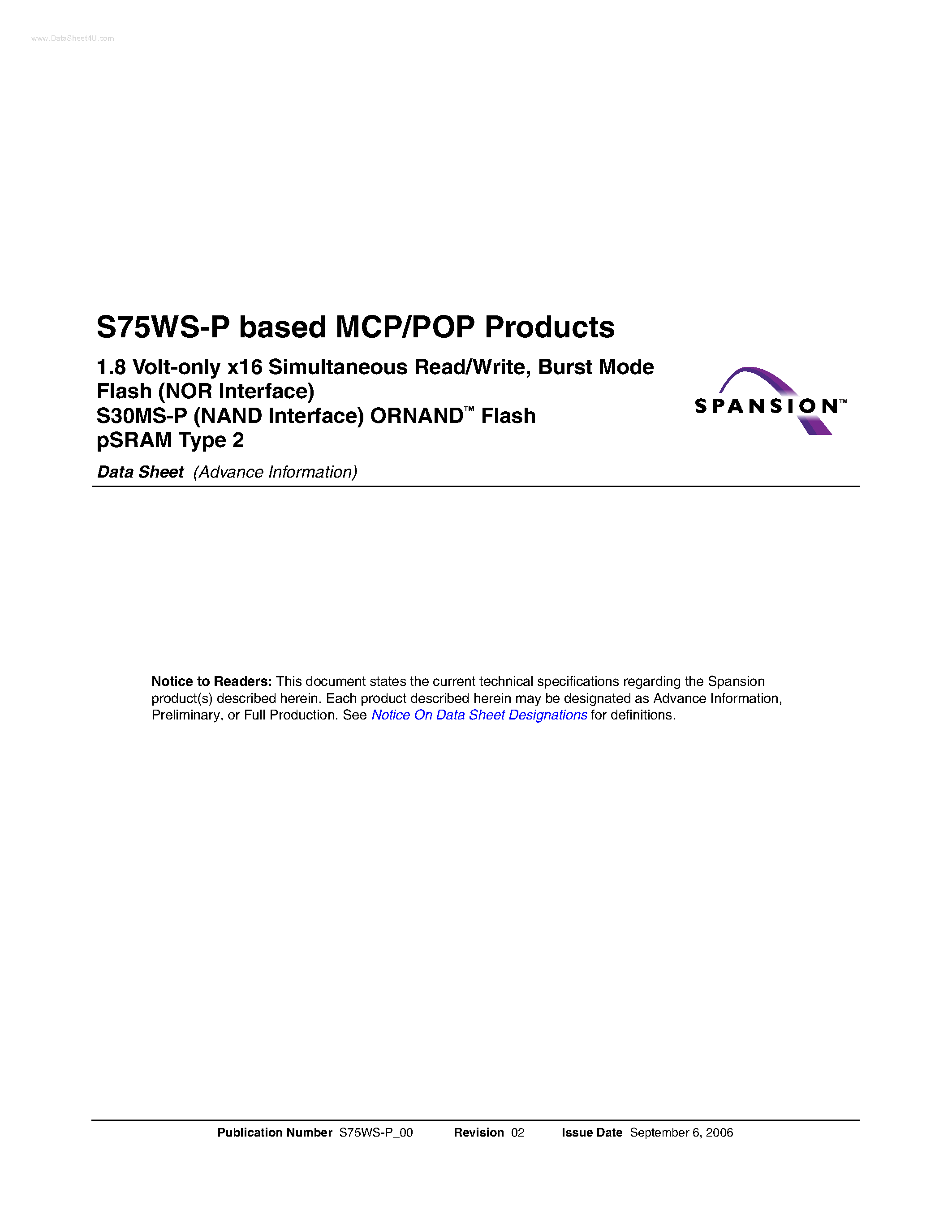 Даташит S75WS-P - based MCP/POP Products страница 1