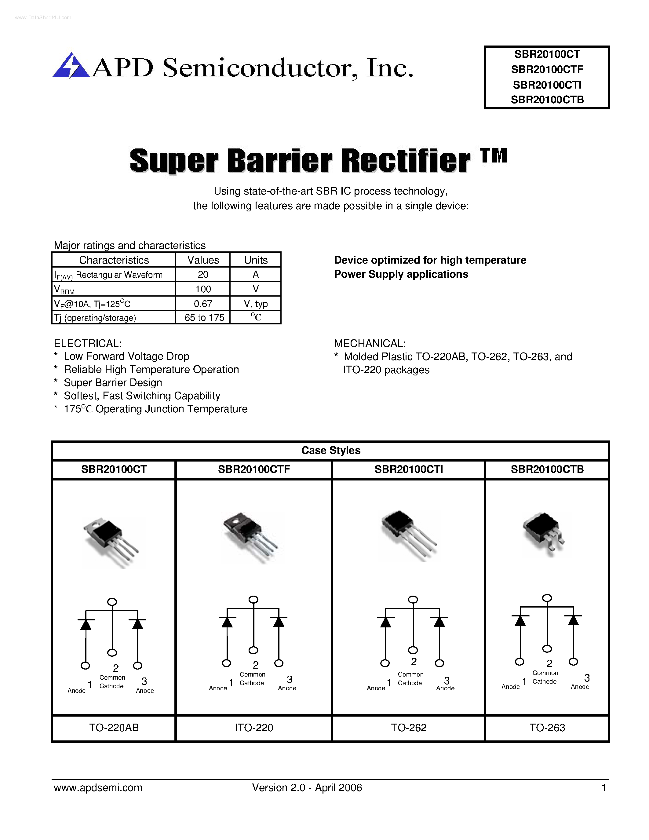 Datasheet SBR20100 - Super Barrier Rectifier page 1