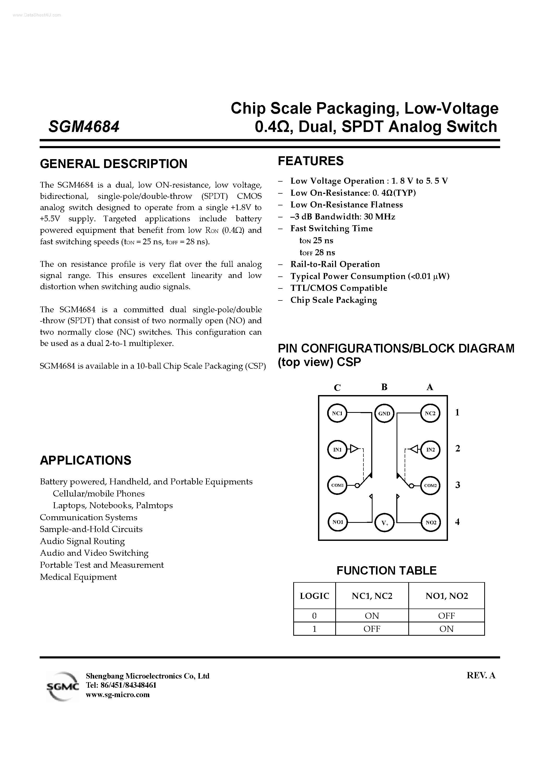 Datasheet SGM4684 page 1 Datasheet SGM4684 - SPDT Analog Switch page 1