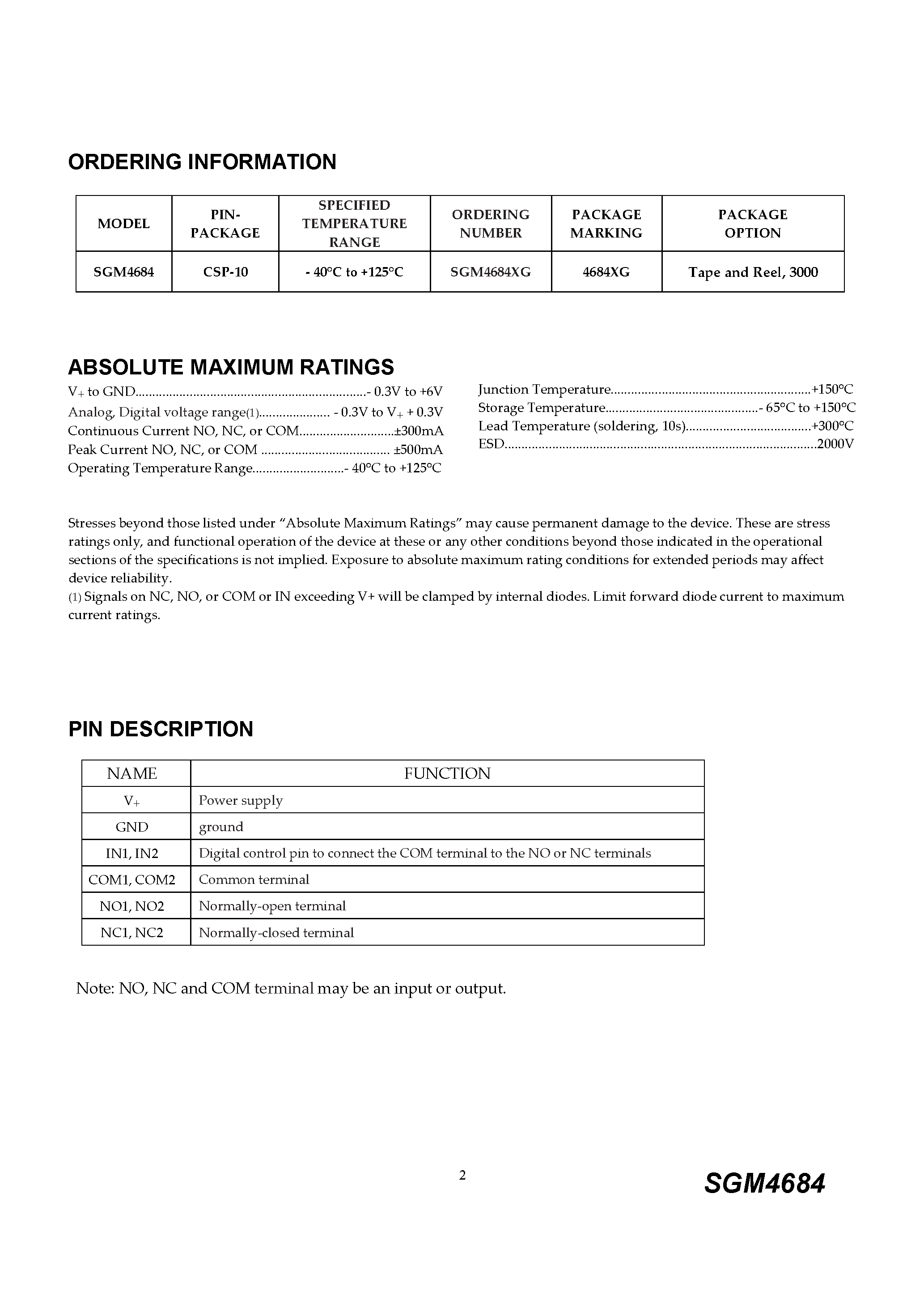Datasheet SGM4684 page 2 Datasheet SGM4684 - SPDT Analog Switch page 2