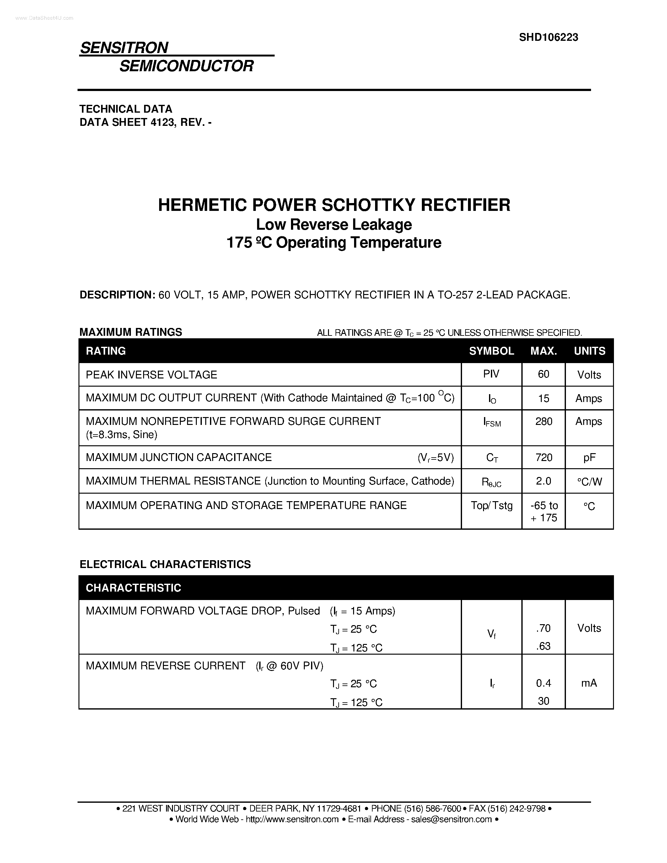 Datasheet SHD106223 page 1 Datasheet SHD106223 - HERMETIC POWER SCHOTTKY RECTIFIER page 1