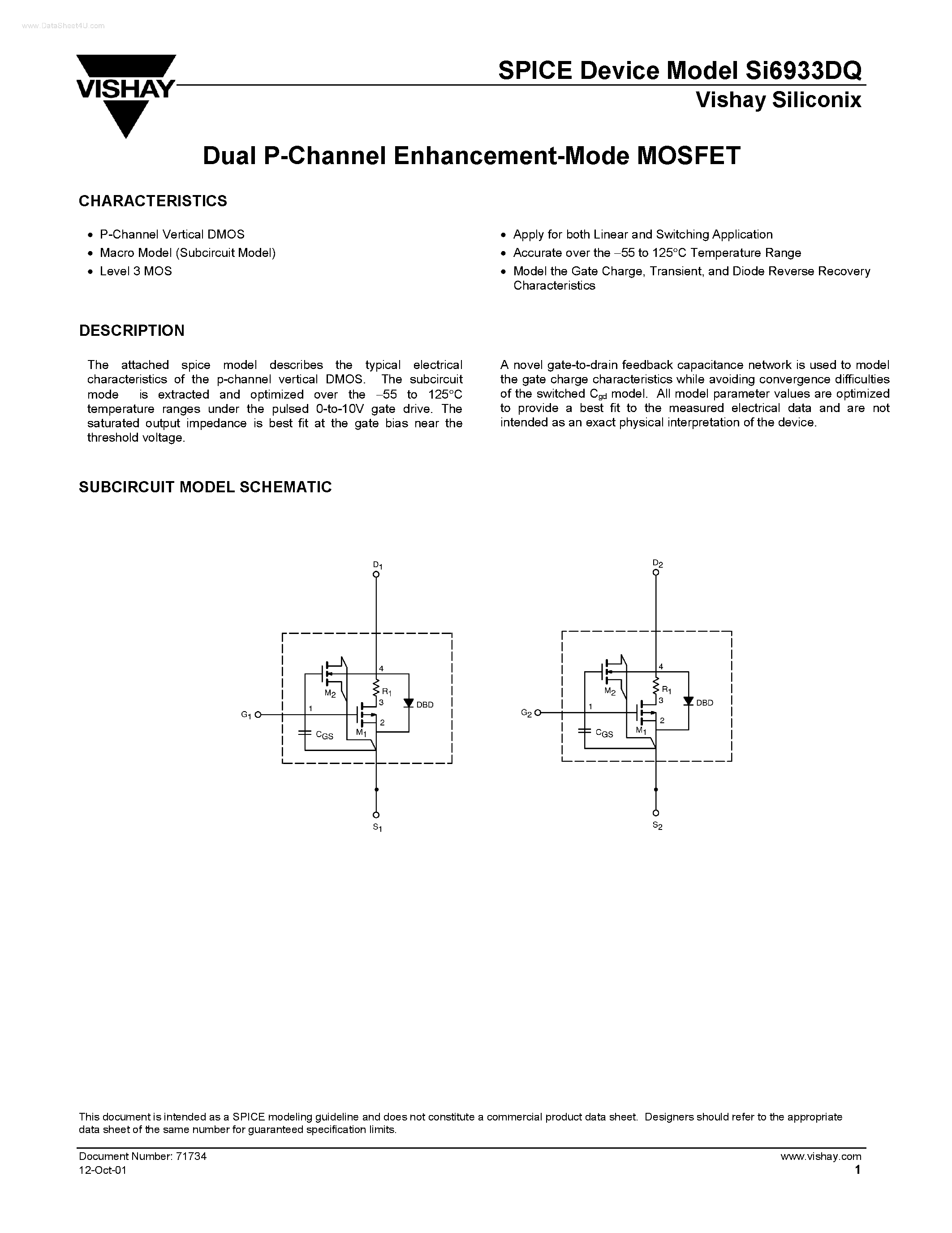 Даташит на микросхему SI6933DQ страница 1 Даташит SI6933DQ - Dual P-Channel Enhancement-Mode MOSFET страница 1