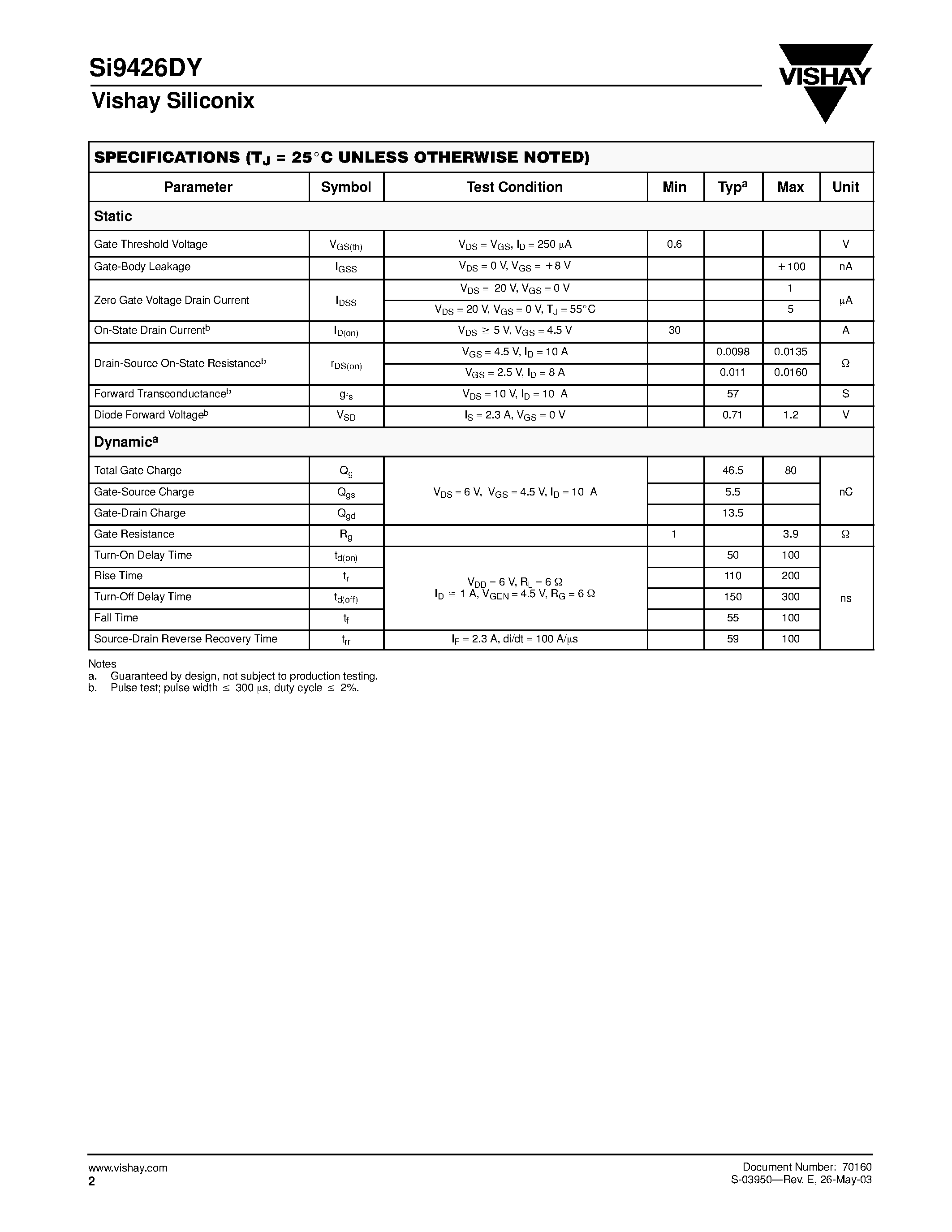 Datasheet SI9426DY - N-Channel MOSFET page 2