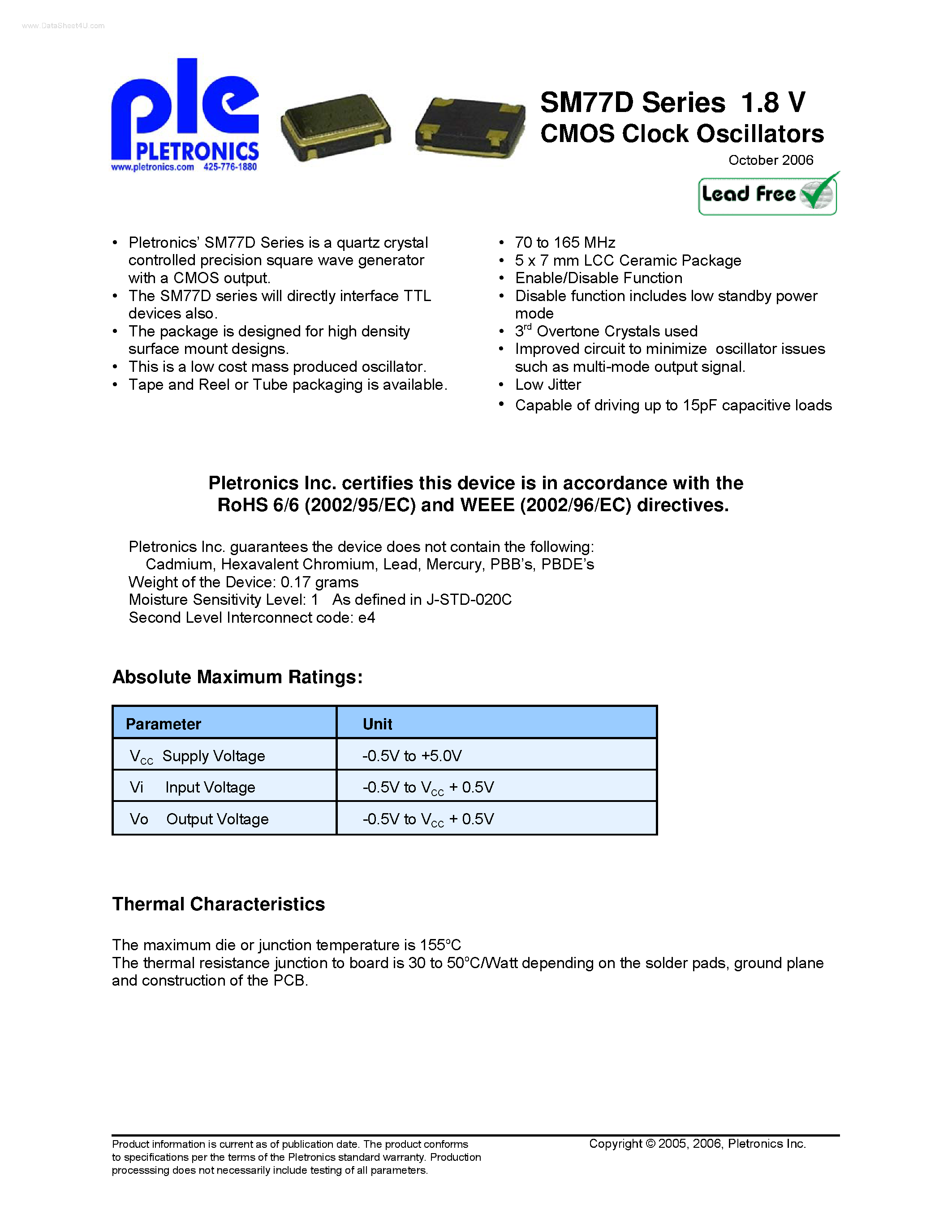 Datasheet SM77D page 1 Datasheet SM77D - CMOS Clock Oscillators page 1