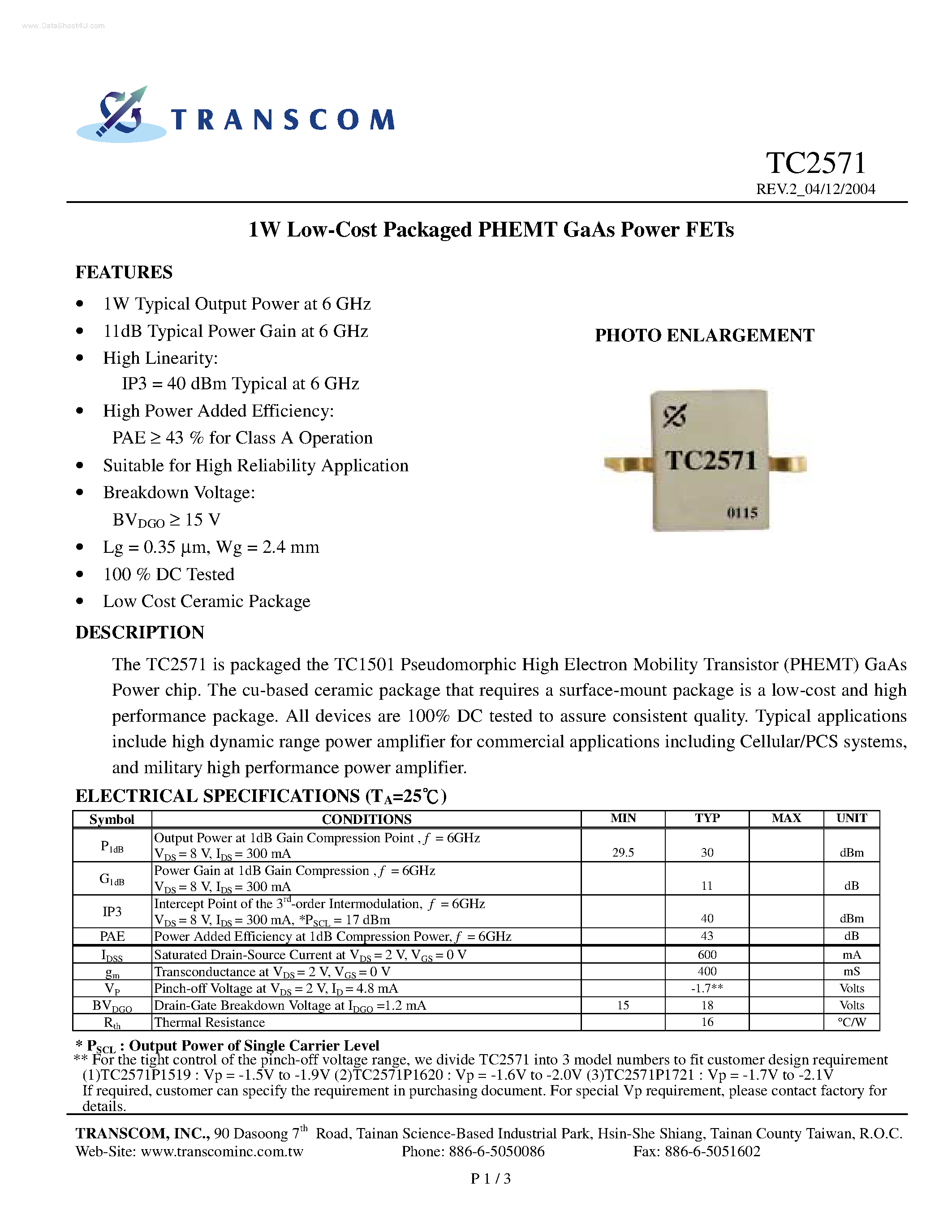 Datasheet TC2571 page 1 Datasheet TC2571 - PHEMT GaAs Power FETs page 1
