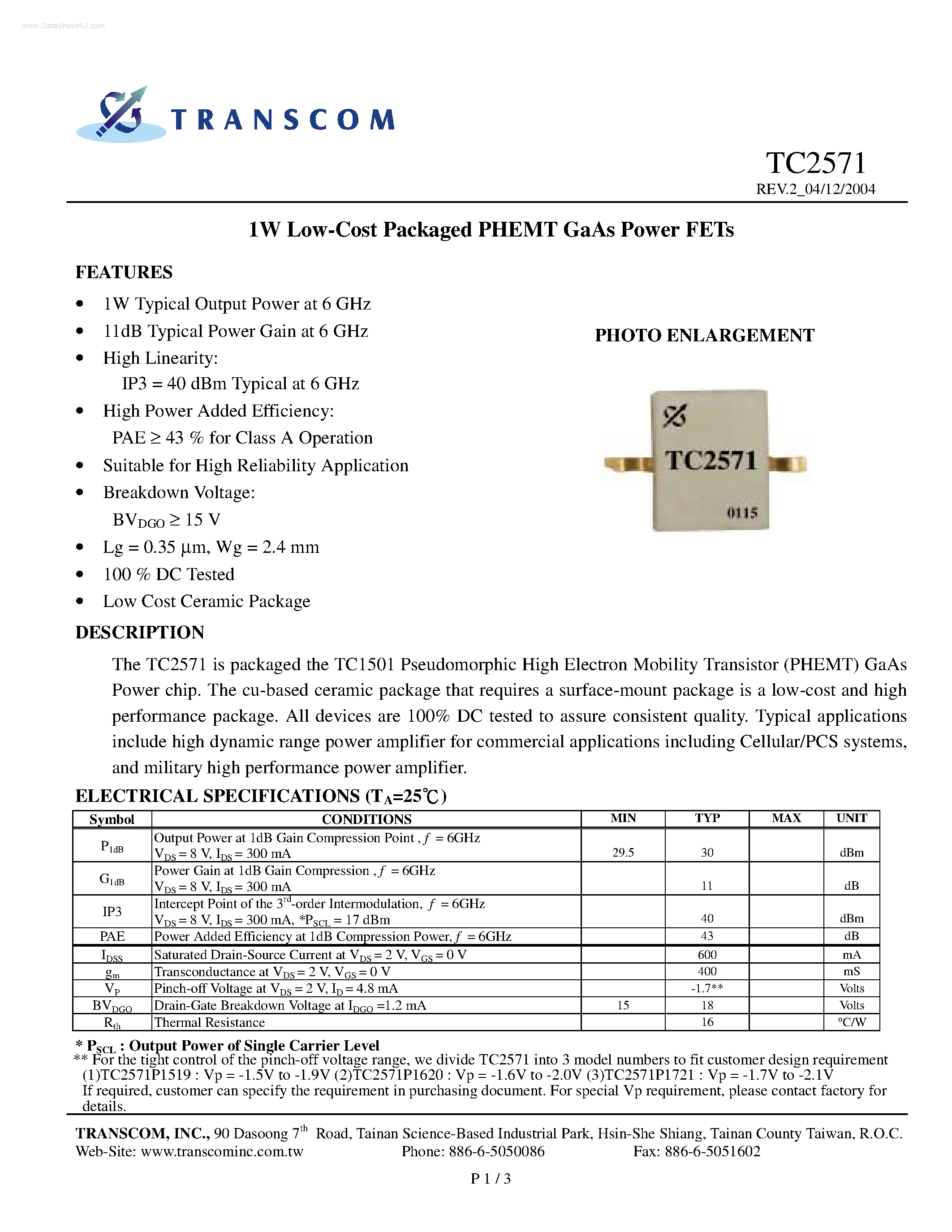 Datasheet TC2571 - PHEMT GaAs Power FETs page 1