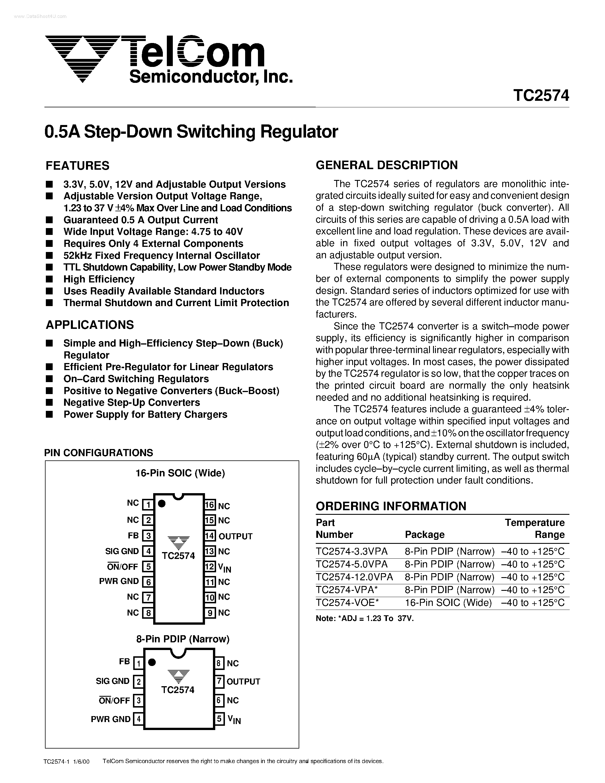 Datasheet TC2574 page 1 Datasheet TC2574 - Step-Down Switching Regulator page 1