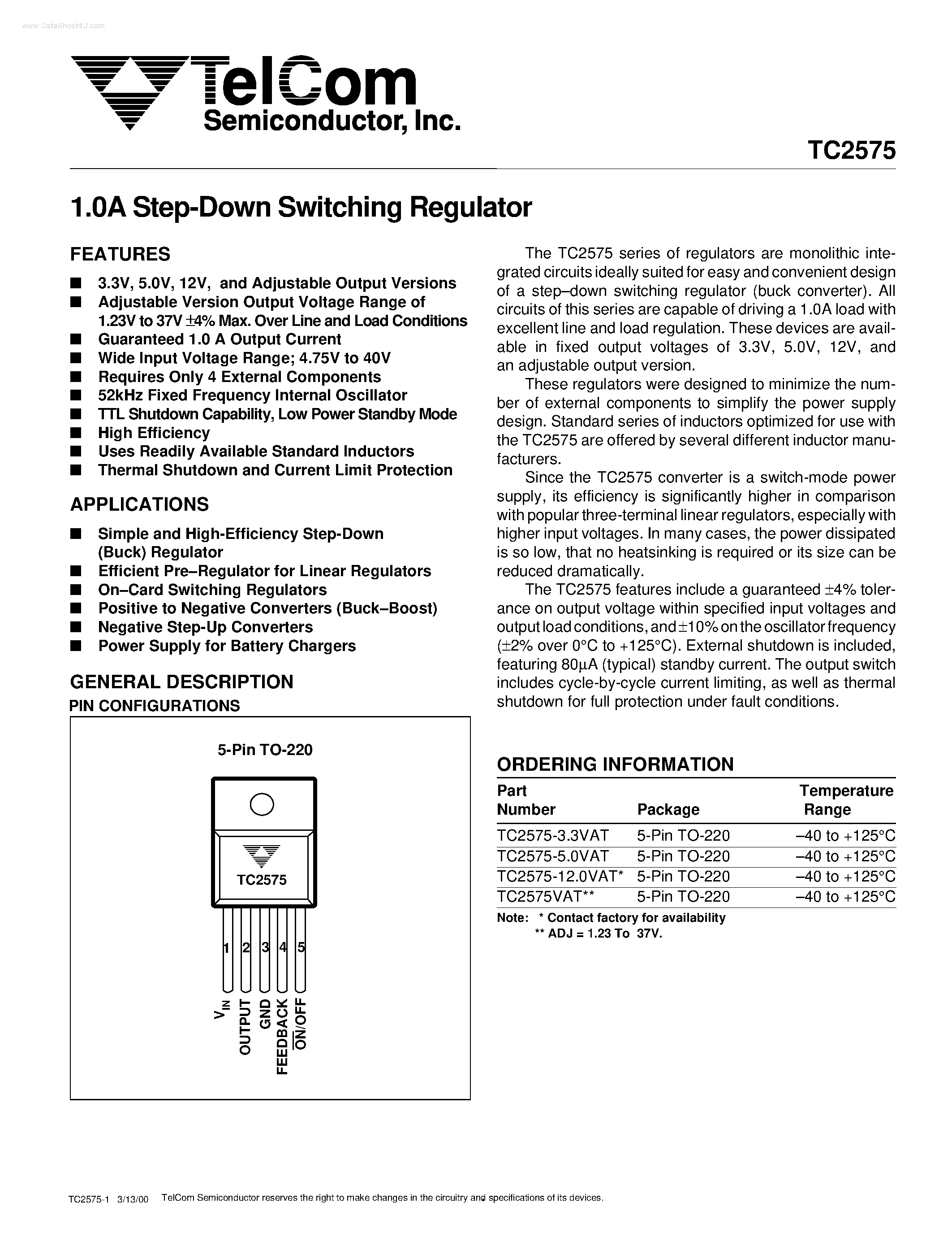 Datasheet TC2575 page 1 Datasheet TC2575 - Step-Down Switching Regulator page 1