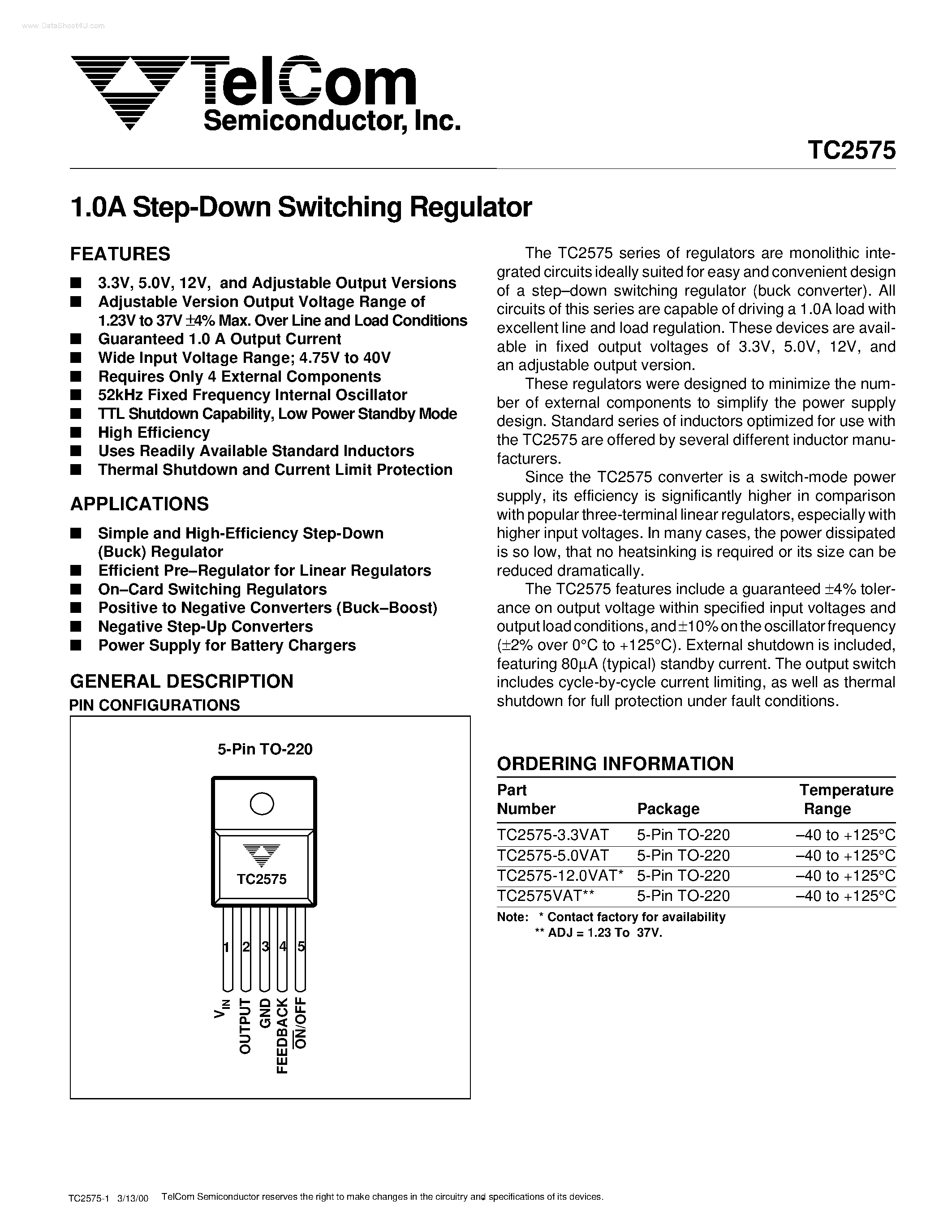Datasheet TC2575 - Step-Down Switching Regulator page 1