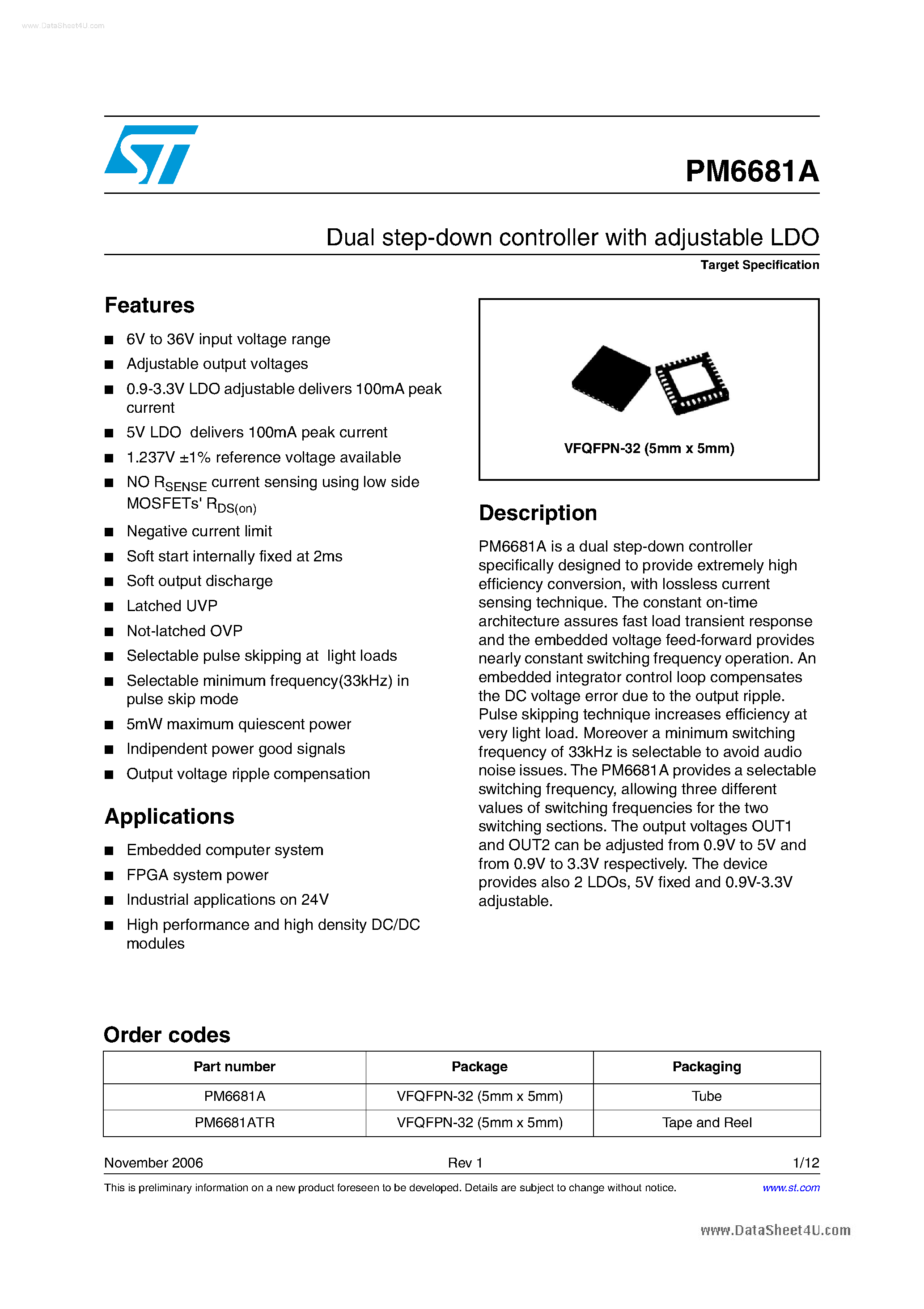 Datasheet PM6681A page 1 Datasheet PM6681A - DUAL STEP-DOWN CONTROLLER page 1