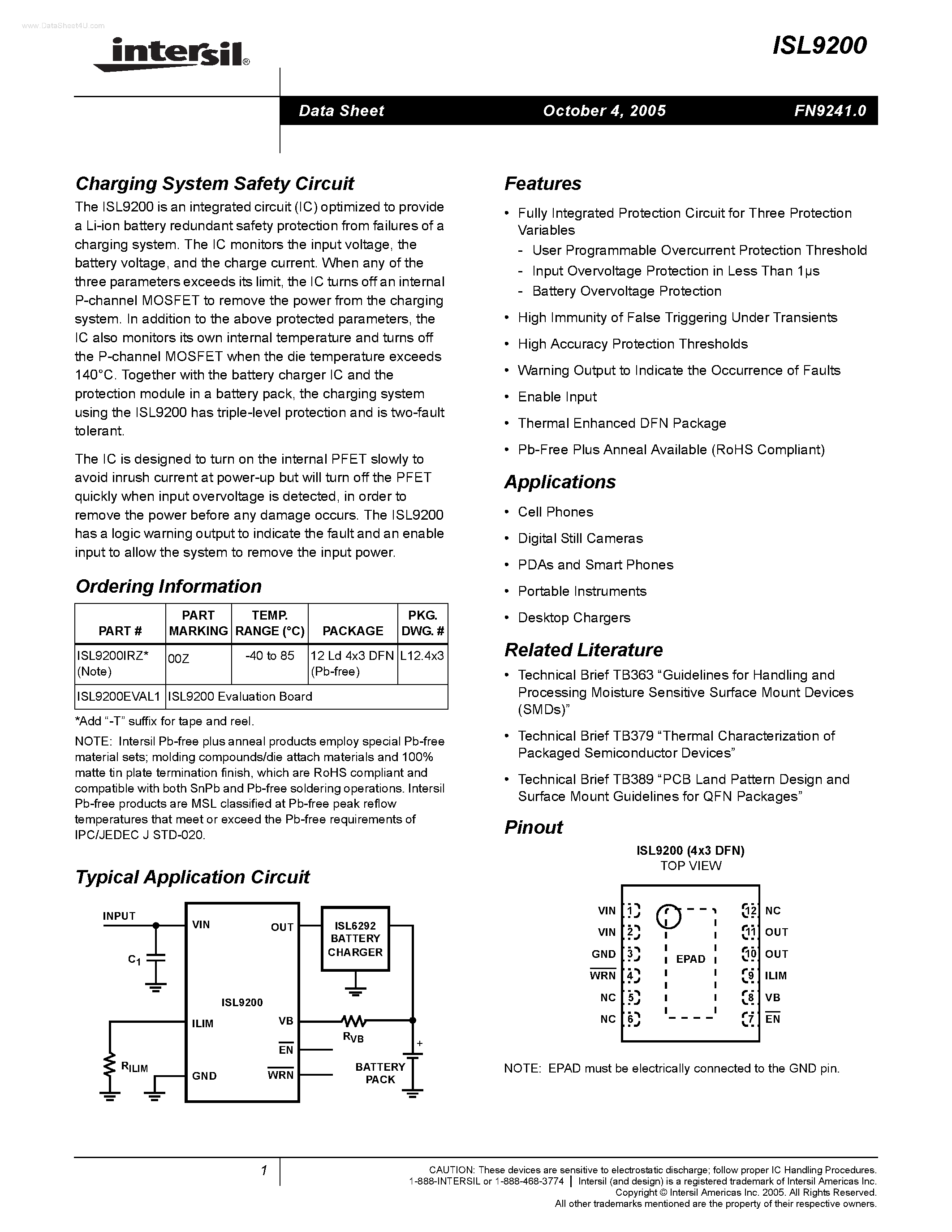 Datasheet ISL9200 page 1 Datasheet ISL9200 - Charging System Safety Circuit page 1