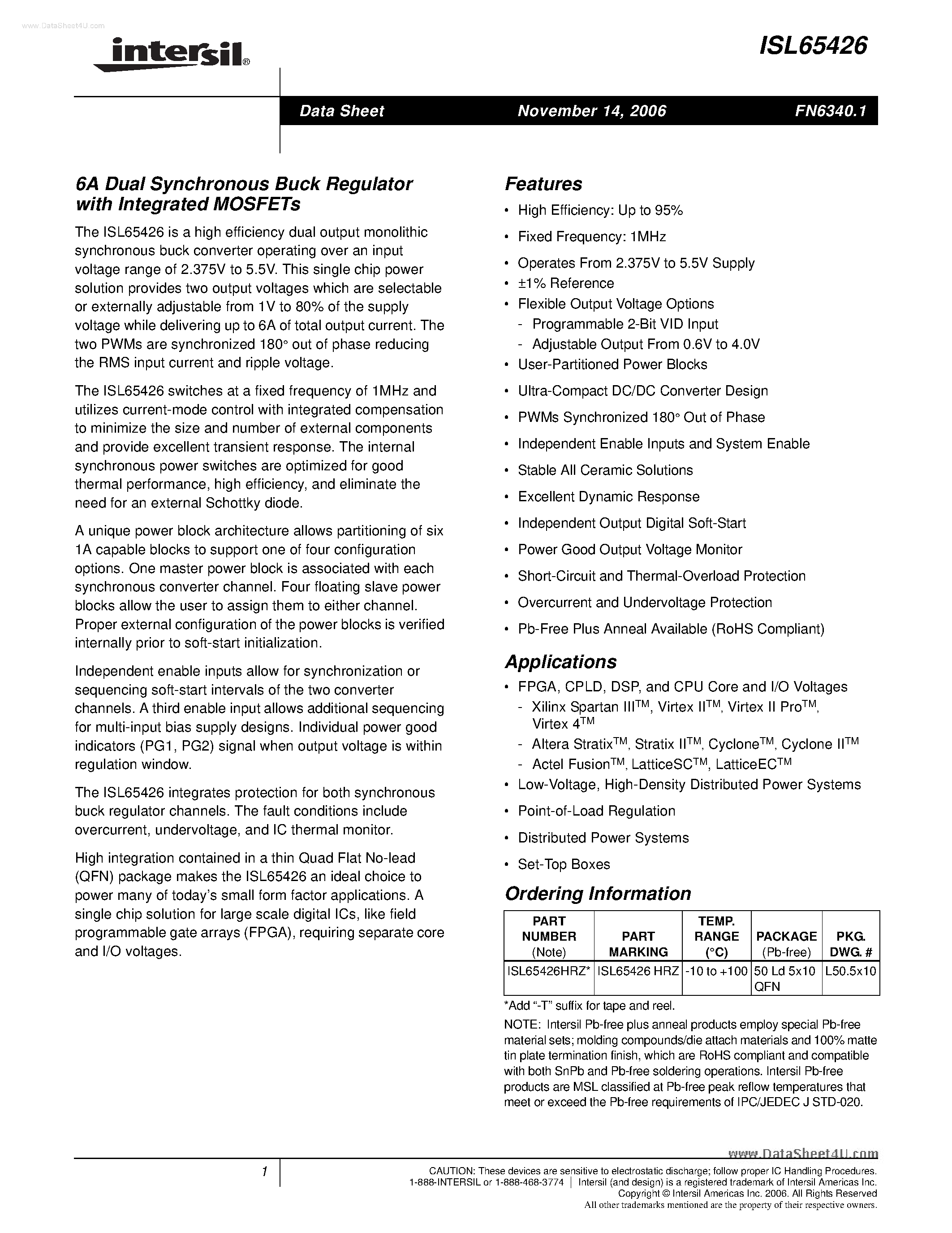 Datasheet ISL65426 page 1 Datasheet ISL65426 - 6A Dual Synchronous Buck Regulator page 1