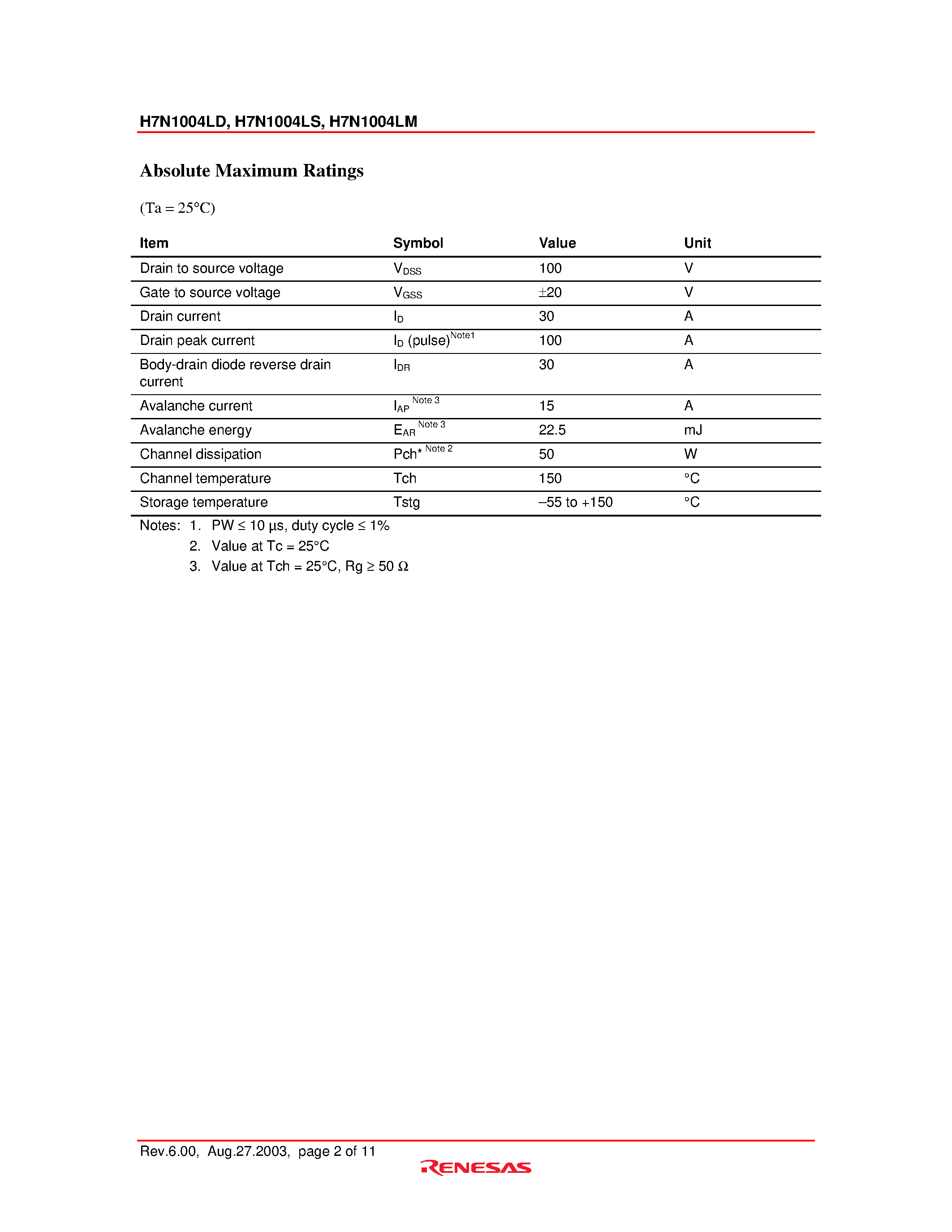 Datasheet H7N1004LD - (H7N1004xx) Silicon N-Channel MOSFET High-Speed Power Switching page 2