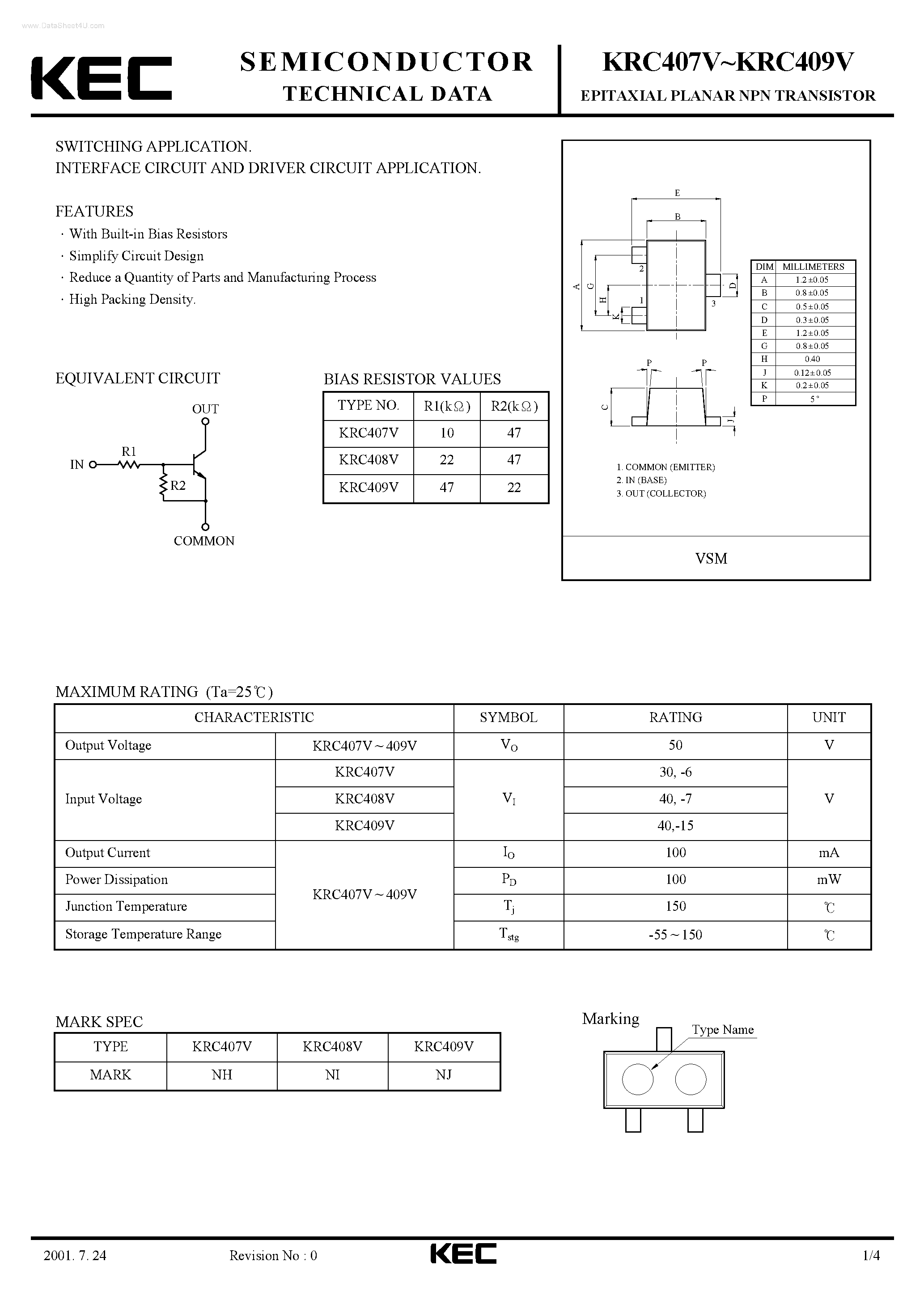Даташит на микросхему KRC407V страница 1 Даташит KRC407V - (KRC407V - KRC409V) EPITAXIAL PLANAR NPN TRANSISTOR страница 1