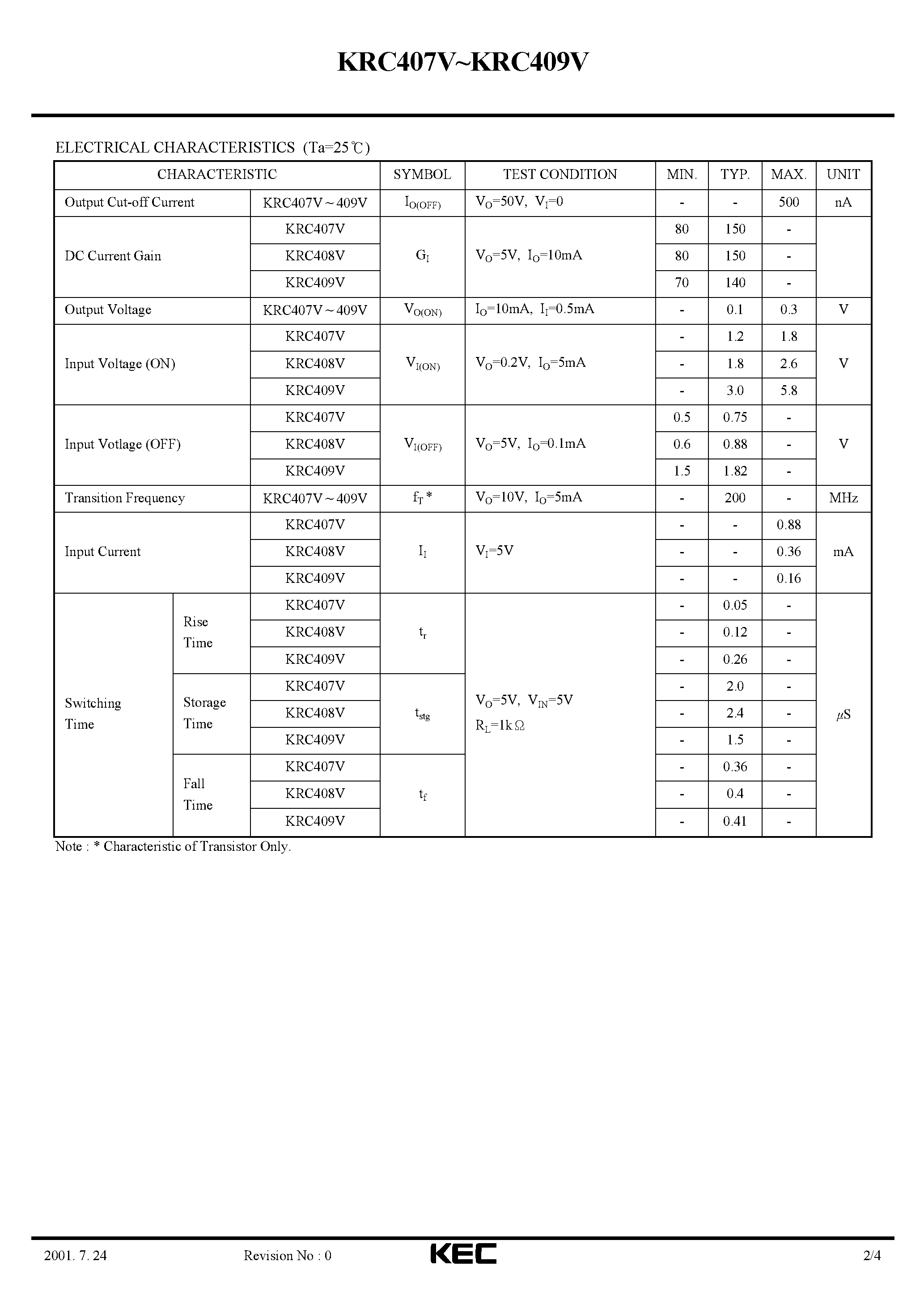 Даташит на микросхему KRC407V страница 2 Даташит KRC407V - (KRC407V - KRC409V) EPITAXIAL PLANAR NPN TRANSISTOR страница 2