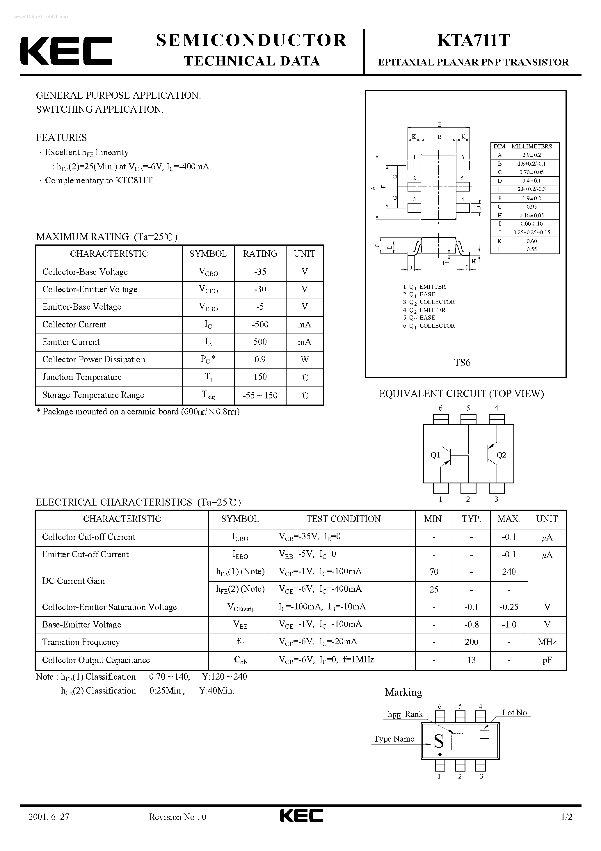 Datasheet KTA711T - EPITAXIAL PLANAR PNP TRANSISTOR page 1