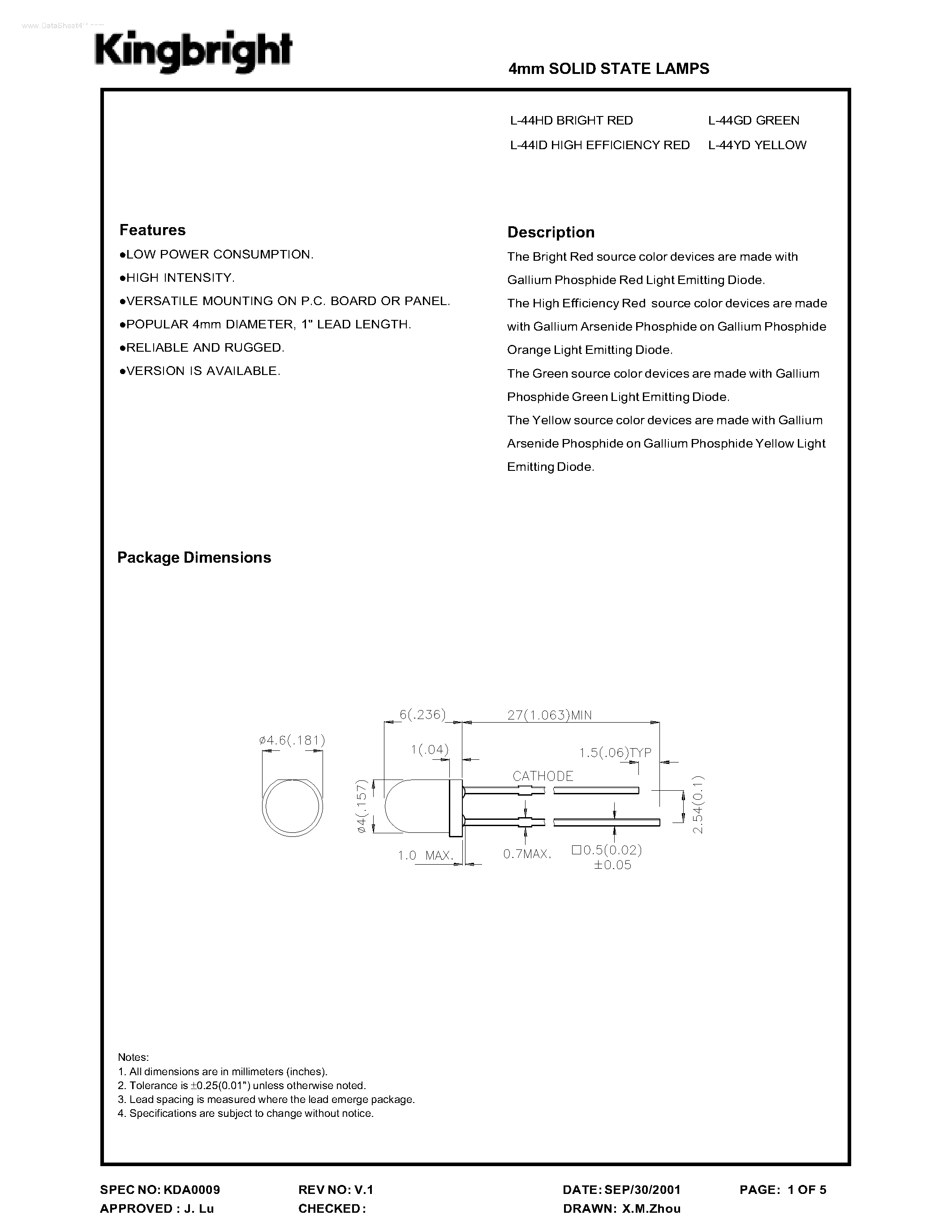 Datasheet L-44GD - SOLID STATE LAMPS page 1