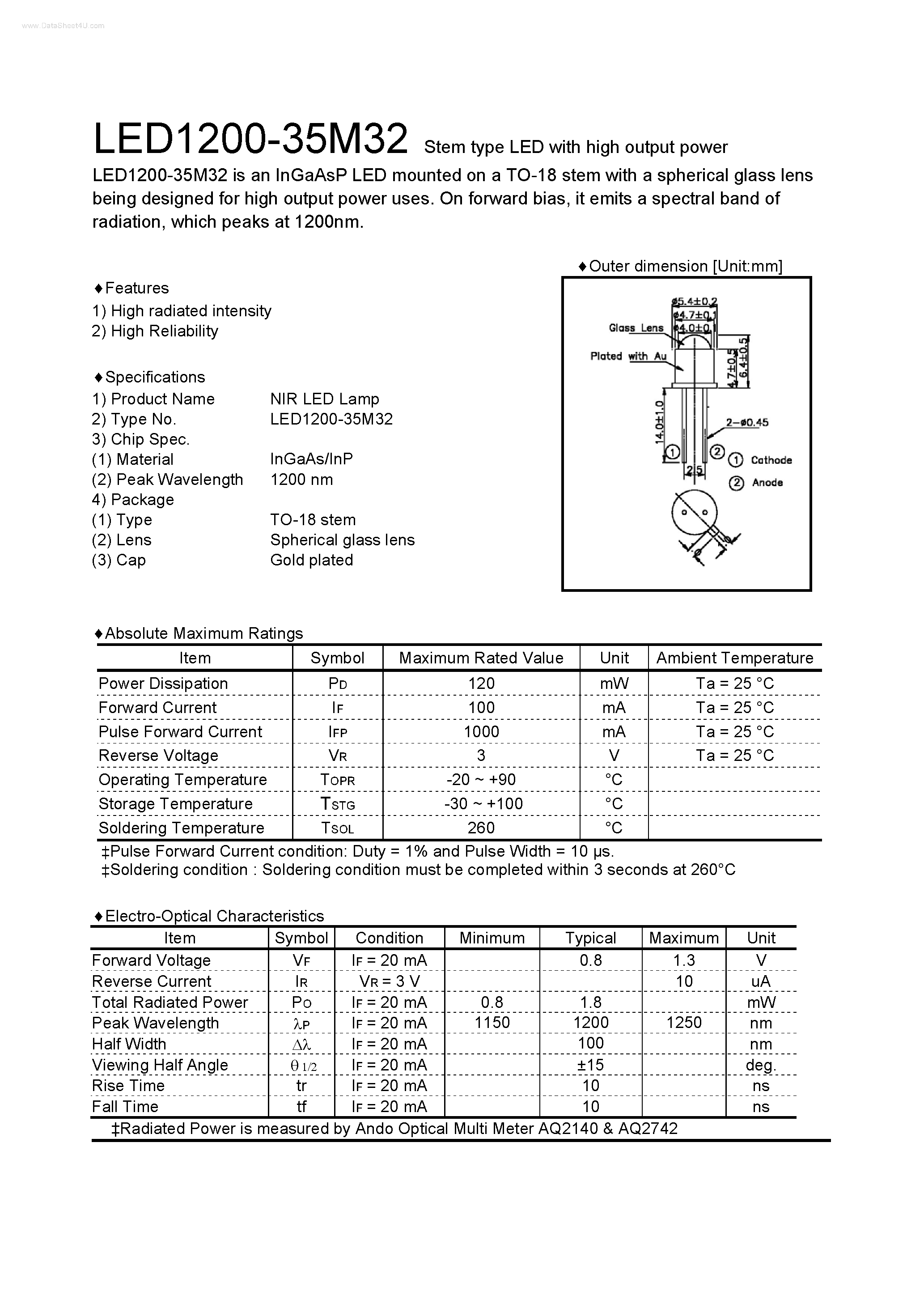 Даташит на микросхему LED1200-35M32 страница 1 Даташит LED1200-35M32 - Stem type LED страница 1