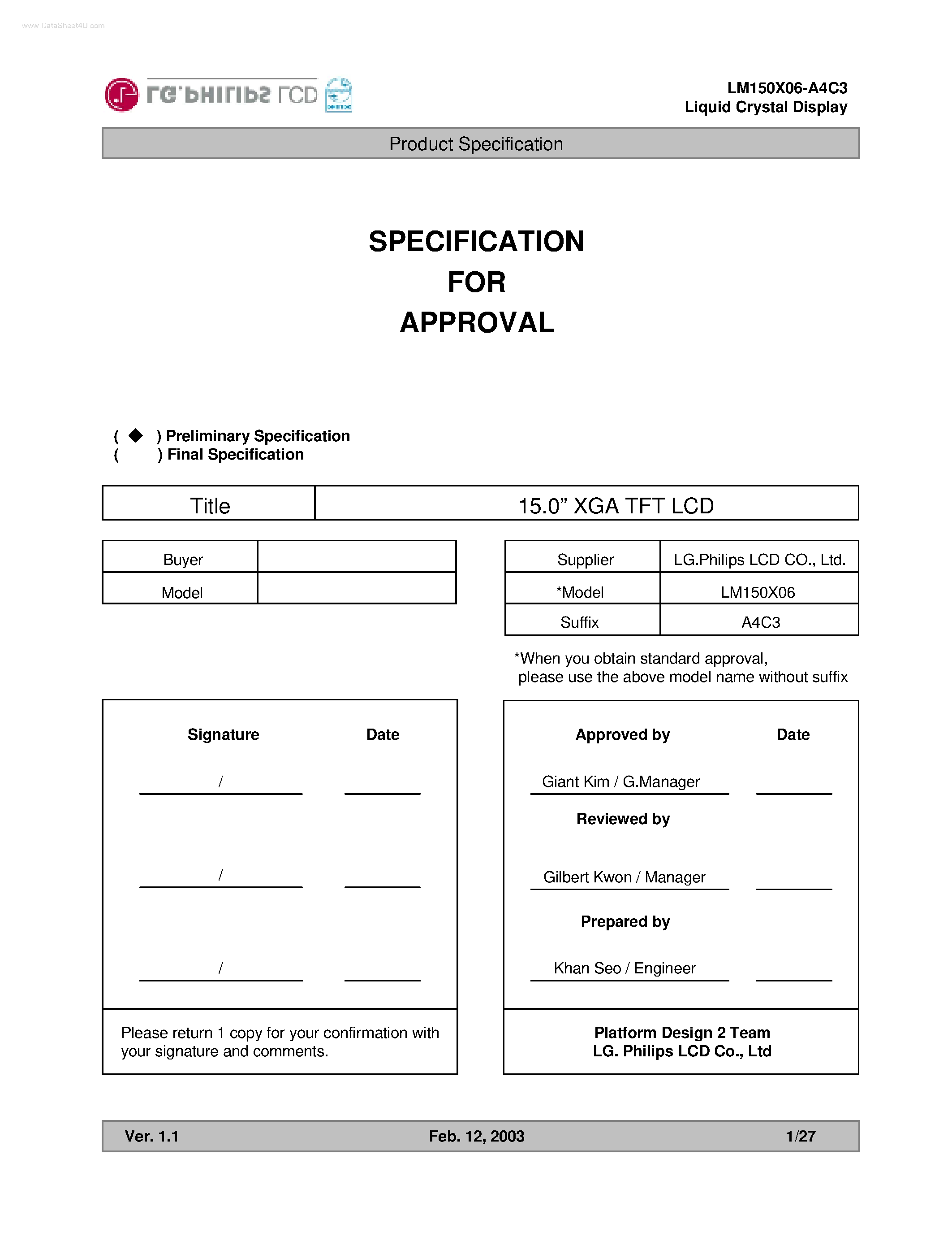 Datasheet LM150X06-A4C3 - Liquid Crystal Display page 1
