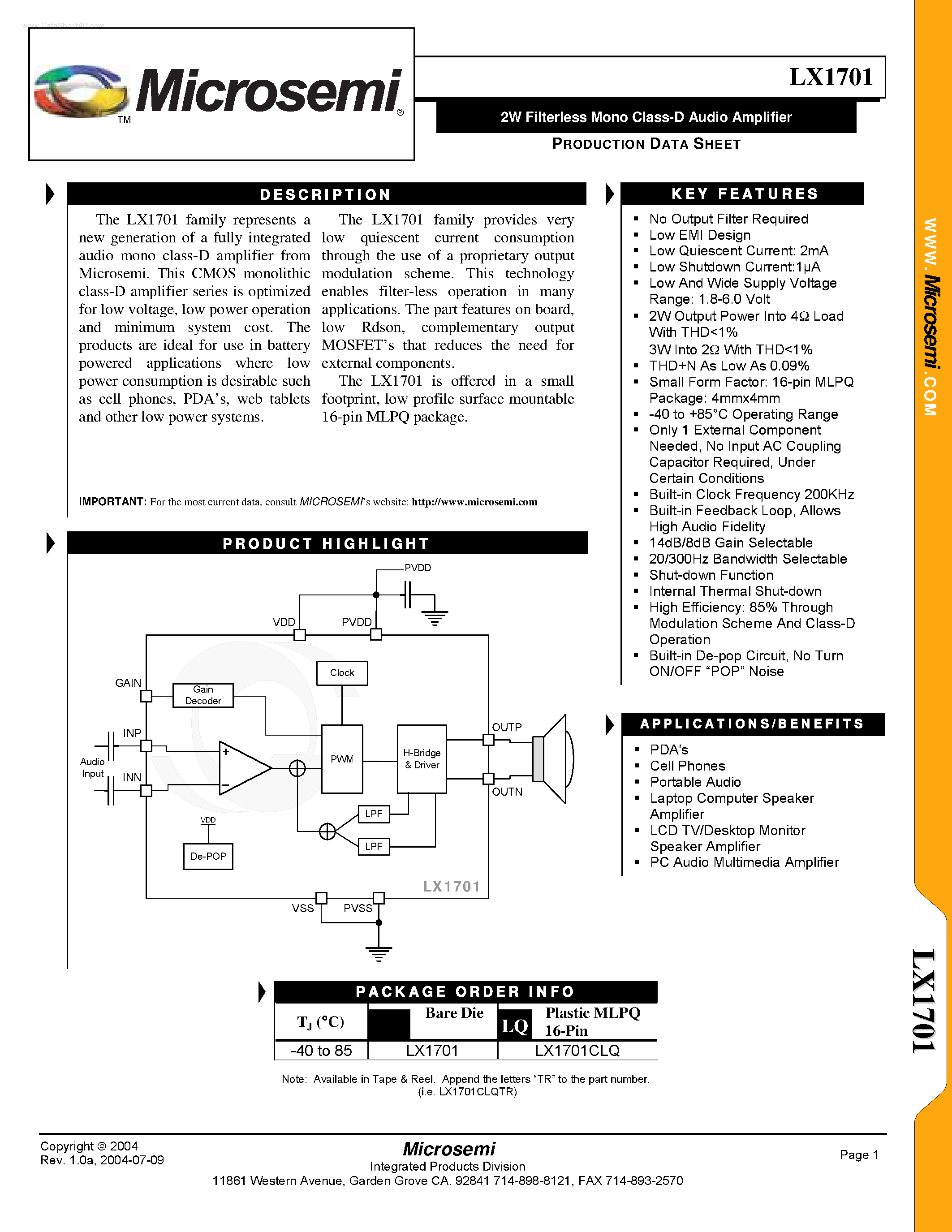 Даташит LX1701 - 2W Filterless Mono Class-D Audio Amplifier страница 1