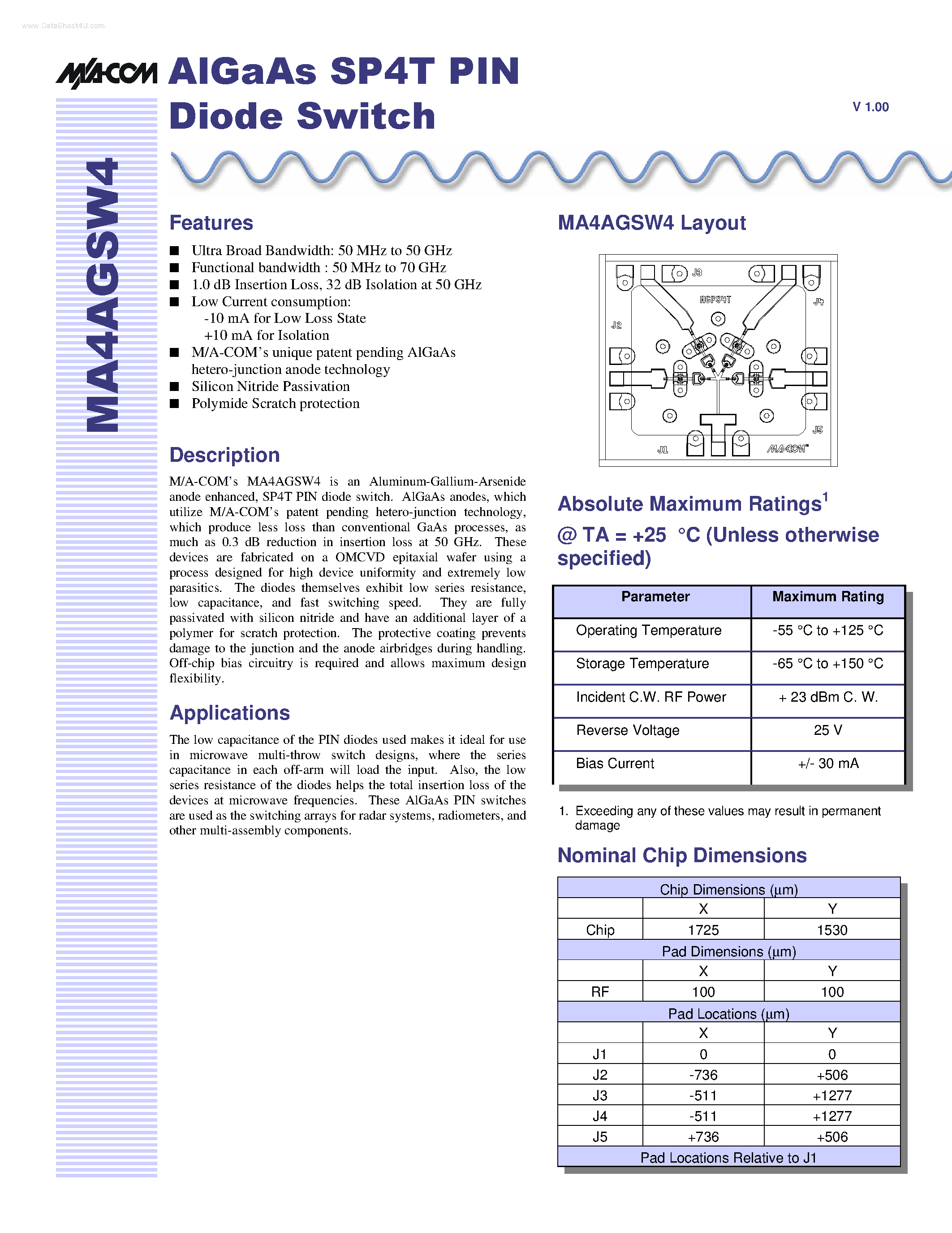 Datasheet MA4AGSW4 page 1 Datasheet MA4AGSW4 - AIGAAS SP4T PIN DIODE SWITCH page 1