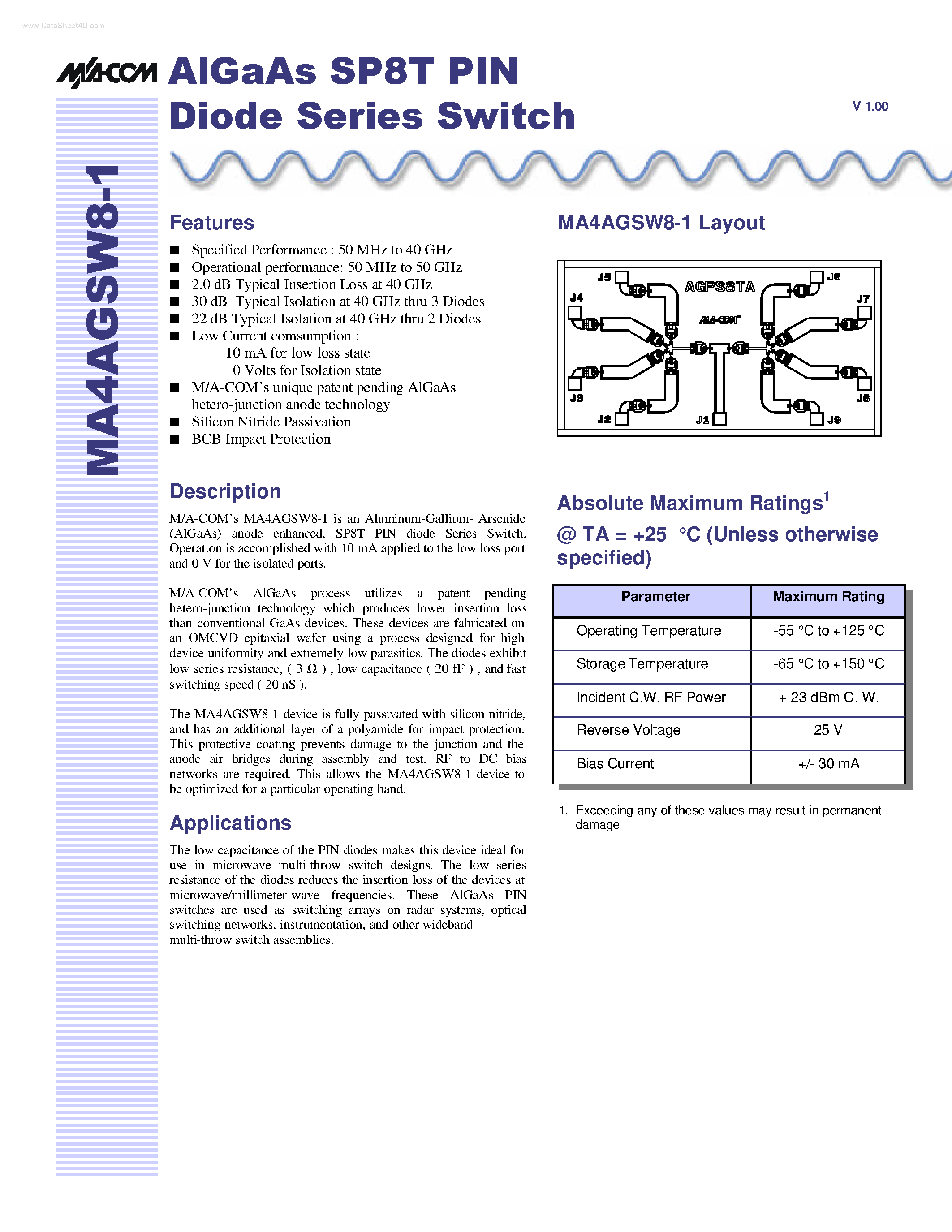 Datasheet MA4AGSW8-1 - AlGaAs SP8T PIN Diode Series Switch page 1