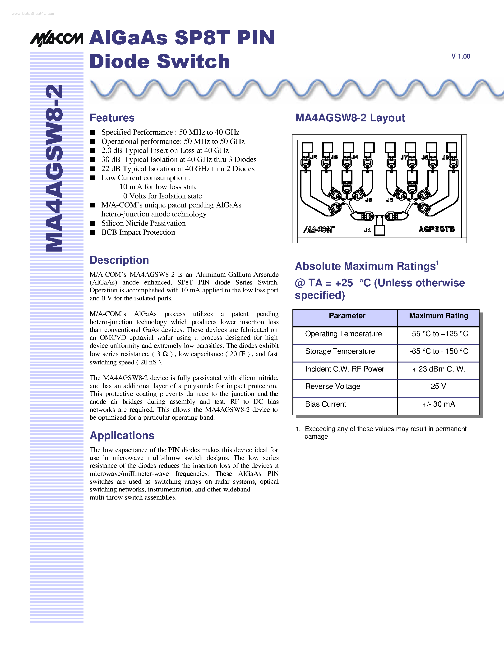 Datasheet MA4AGSW8-2 - AlGaAs SP8T PIN Diode Switch page 1