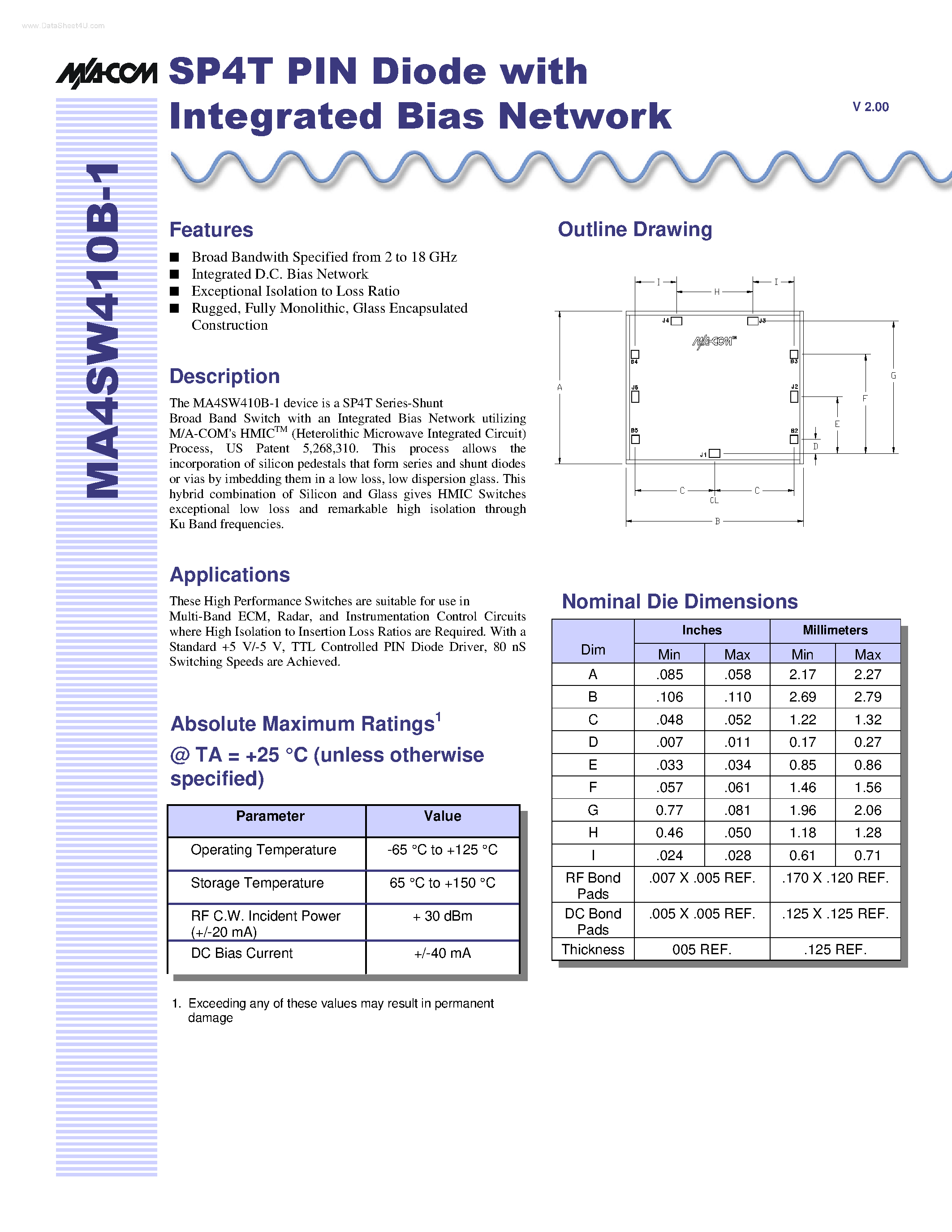 Datasheet MA4SW410B-1 - SP4T PIN Diode page 1
