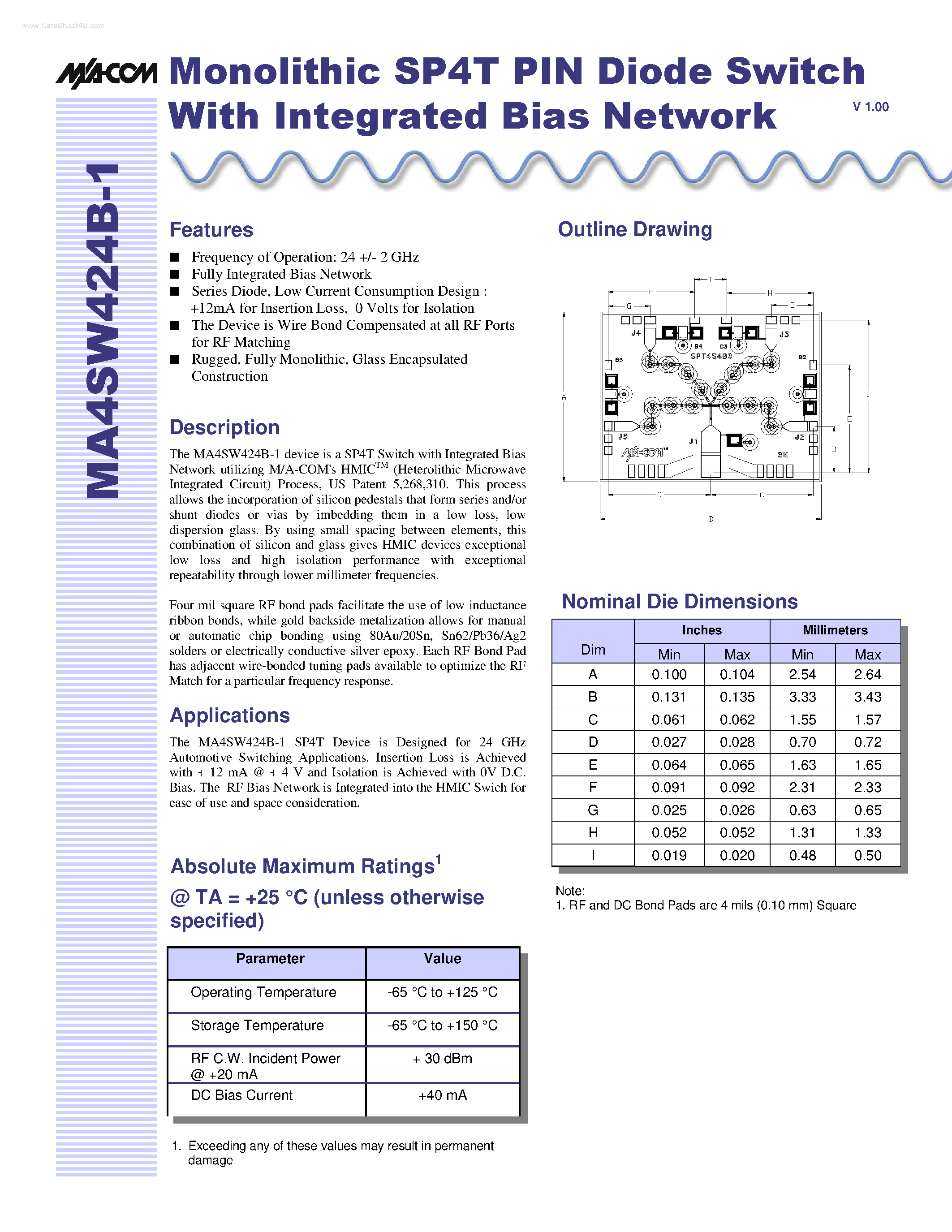 Datasheet MA4SW424B-1 page 1 Datasheet MA4SW424B-1 - Monolithic SP4T PIN Diode Switch page 1