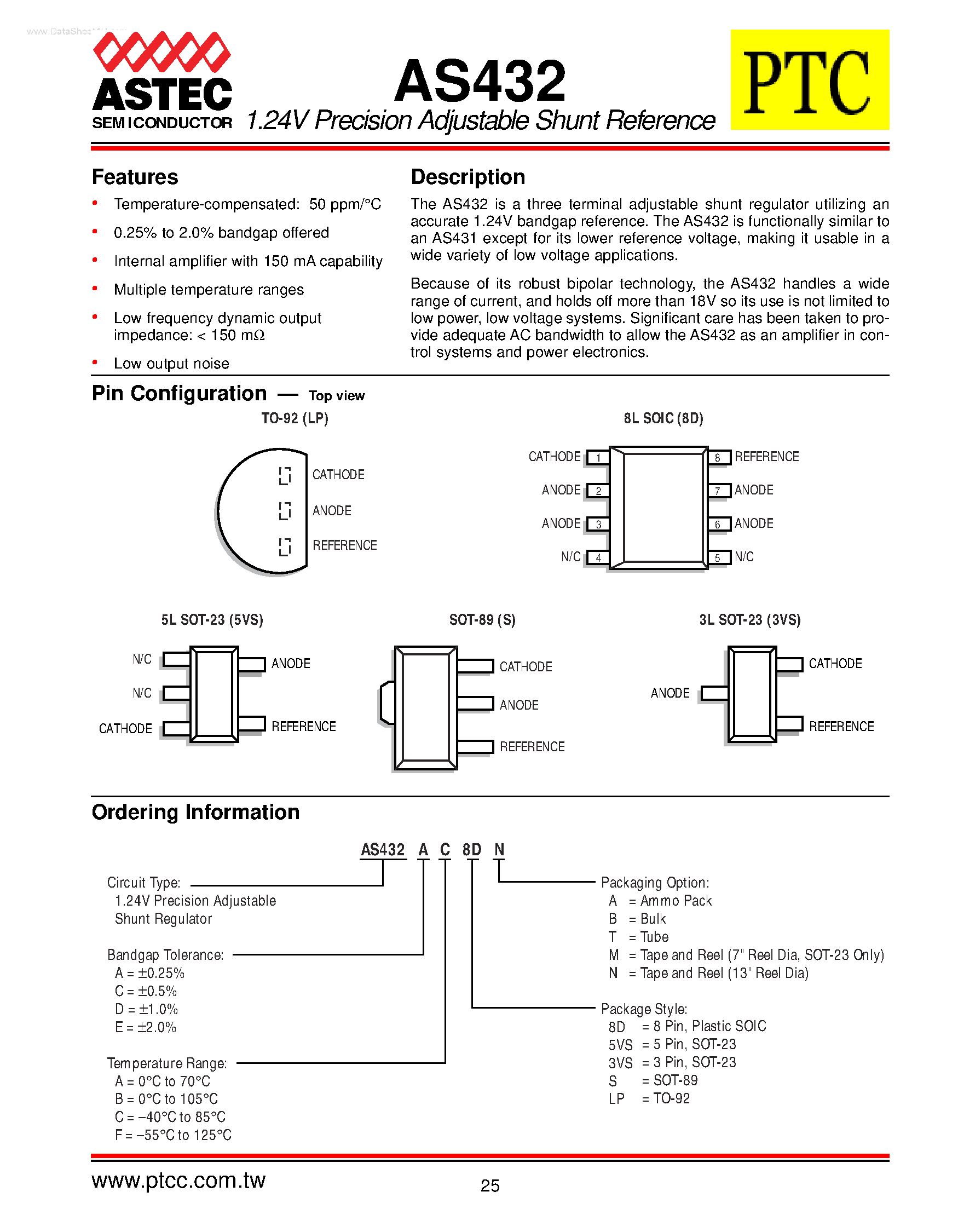 Даташит на микросхему AS432 страница 1 Даташит AS432 - 1.24V Precision Adjustable Shunt Reference страница 1