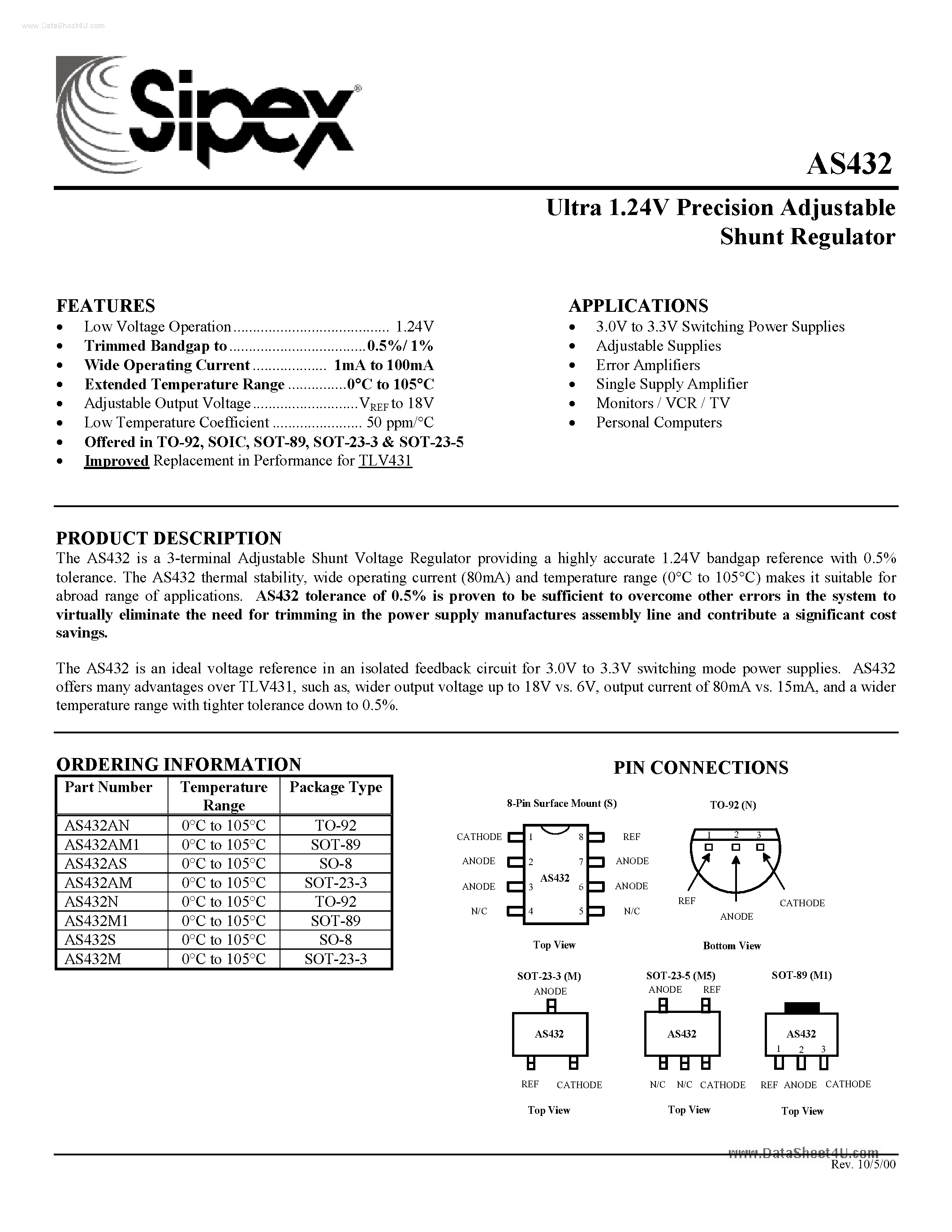 Даташит на микросхему AS432 страница 1 Даташит AS432 - Ultra 1.24V Precision Adjustable Shunt Regulator страница 1