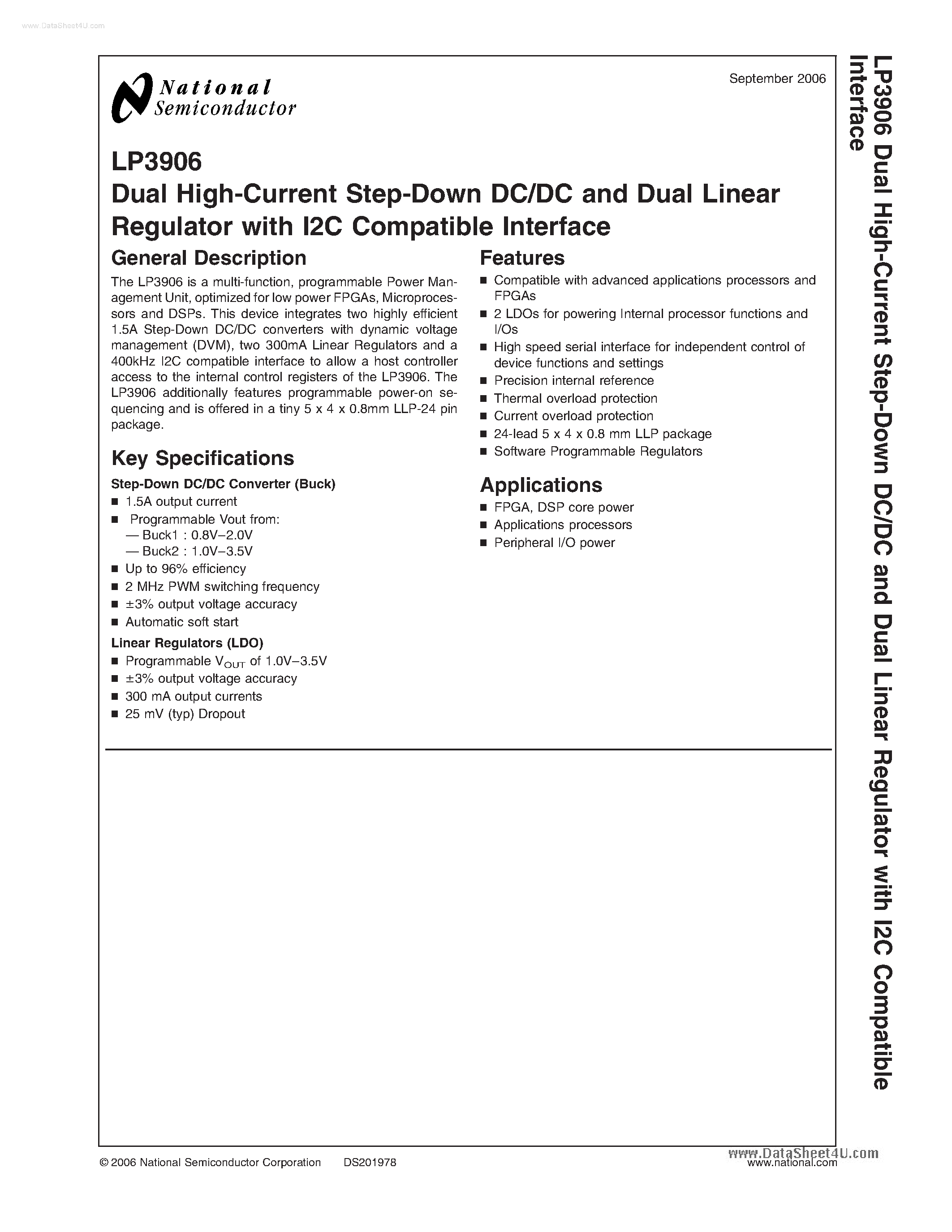 Datasheet LP3906 - Dual High Current Step Down DC/DC and Dual Linear Regulator page 1