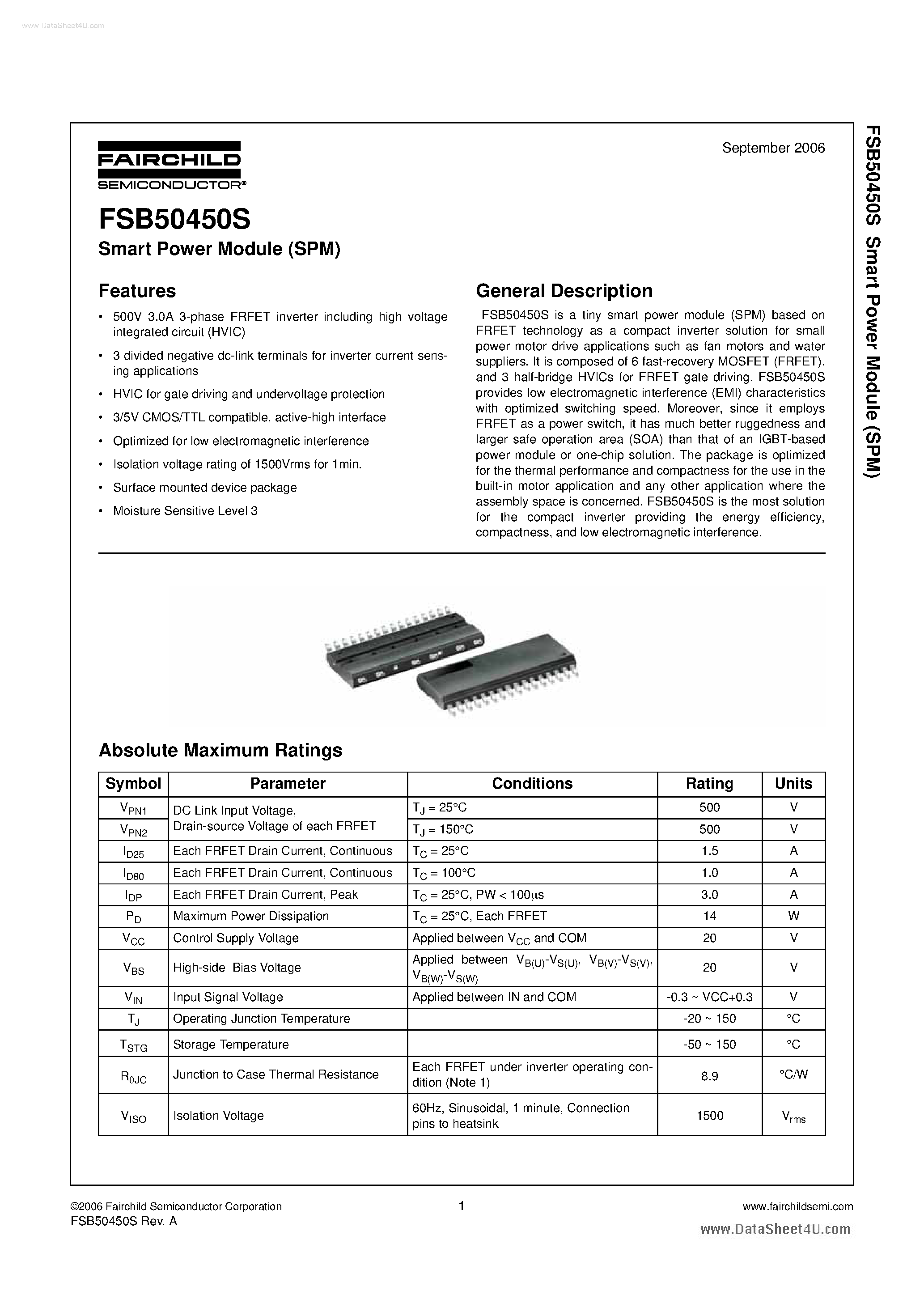 Даташит FSB50450S - smart power module страница 1