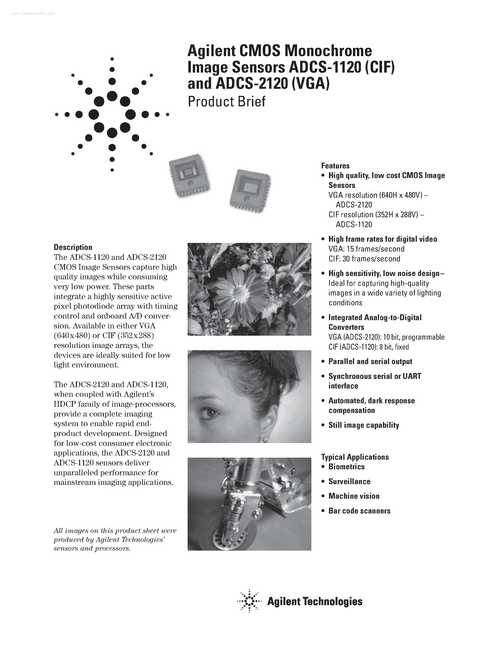 Даташит на микросхему ADCS-1120 страница 1 Даташит ADCS-1120 - (ADCS-1120/-2120) Agilent CMOS Monochrome Image Sensors страница 1