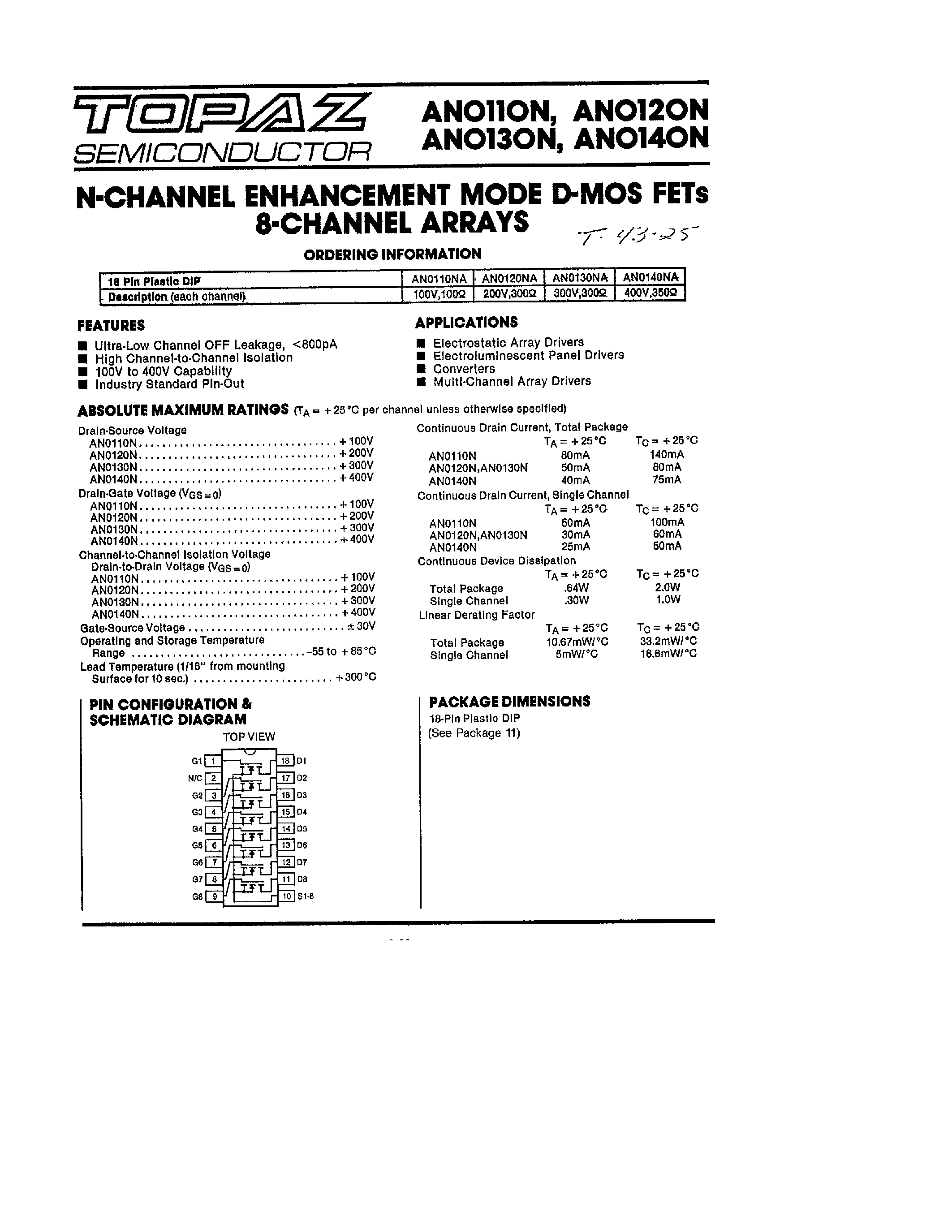 Datasheet ANO11ON - (ANO11ON - ANO14ON) N-CHANNEL XNHANCEMENT MODE D-MOS FETS 8-CHANNEL ARRAYS page 1