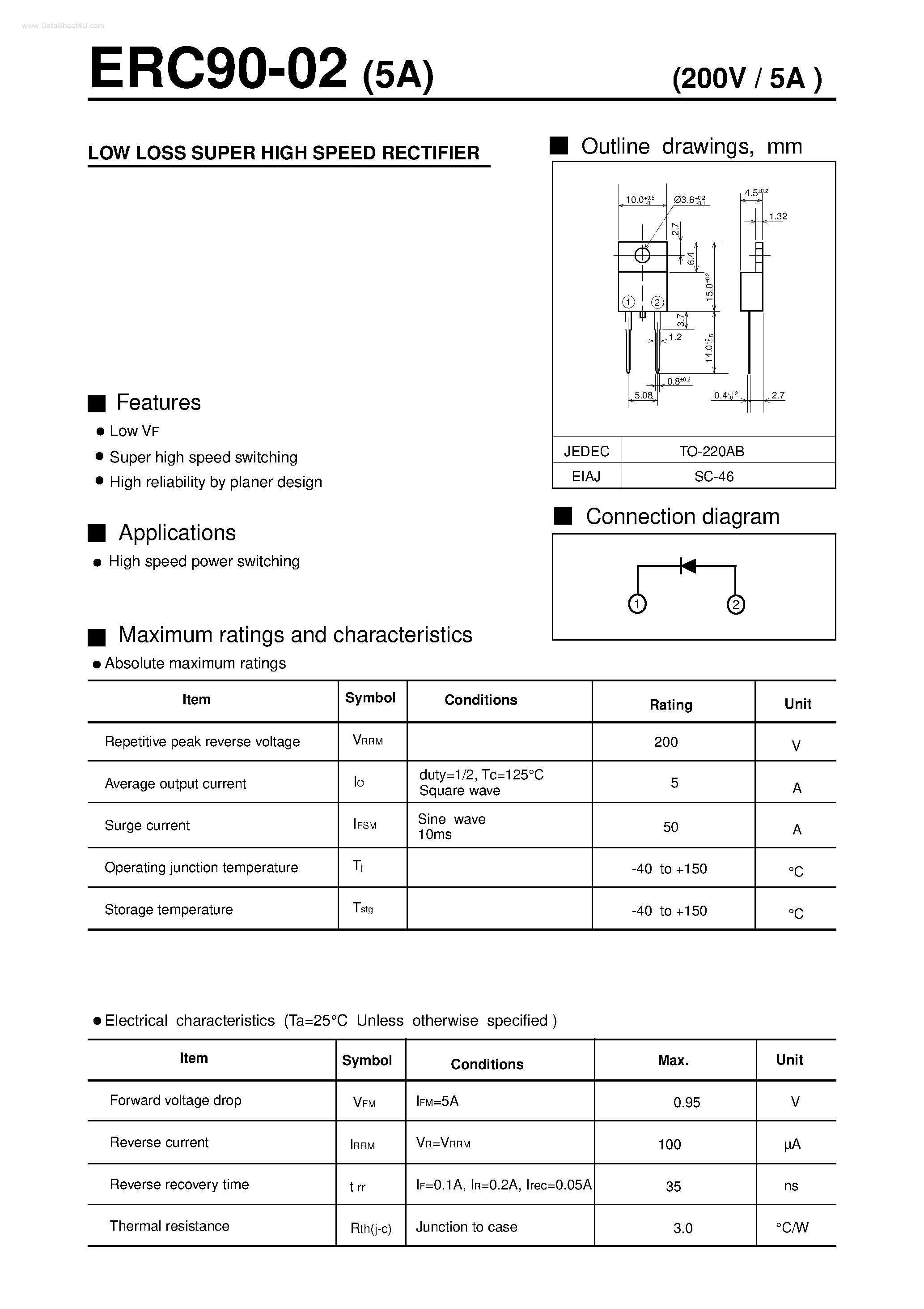 Datasheet ERC90-02 page 1 Datasheet ERC90-02 - LOW LOSS SUPER HIGH SPEED RECTIFIER page 1