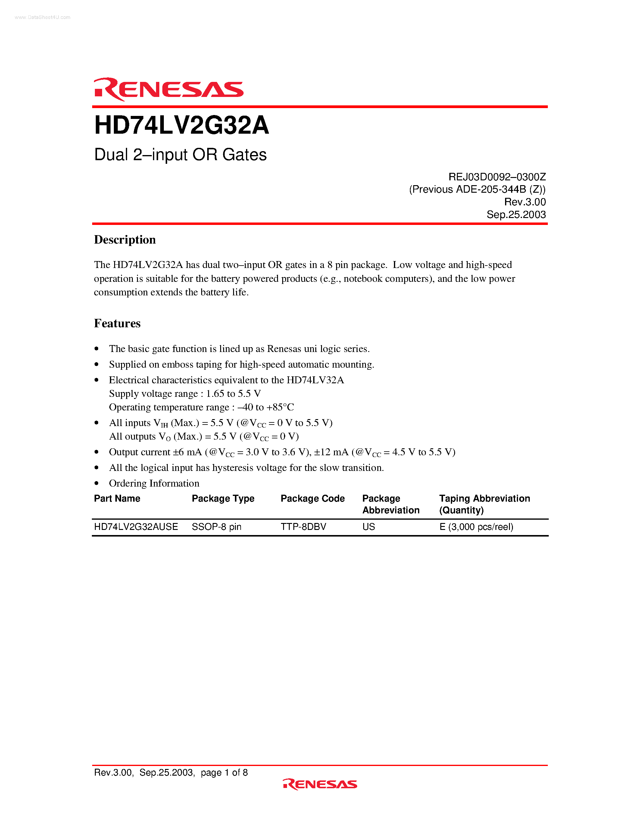 Даташит на микросхему HD74LV2G32A страница 1 Даташит HD74LV2G32A - Dual 2-input OR Gates страница 1