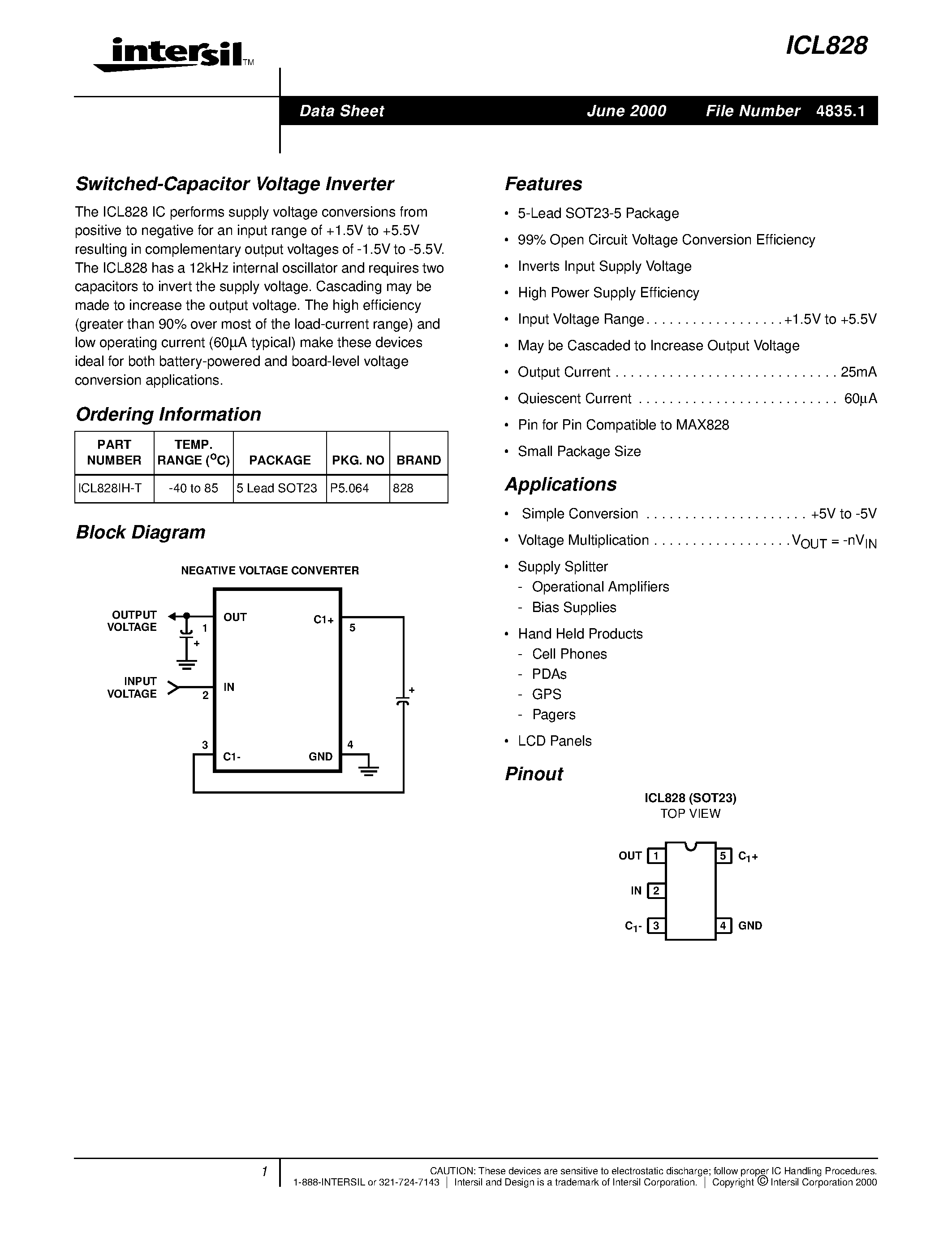 Datasheet ICL828 - Switched-Capacitor Voltage Inverter page 1