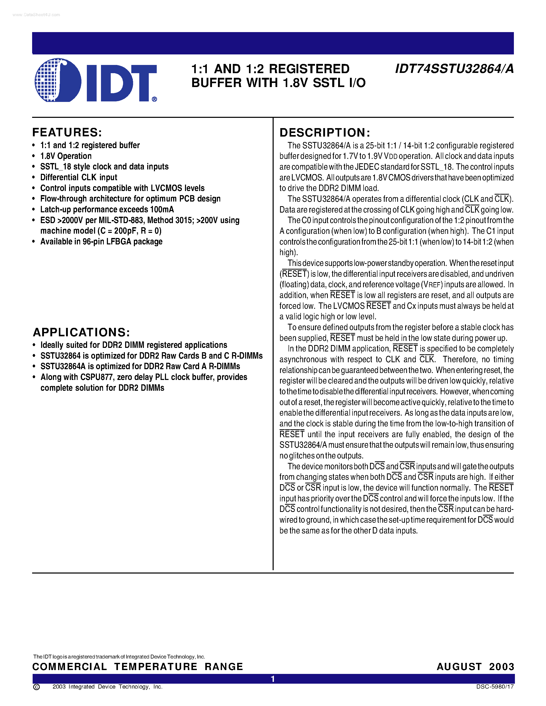 Datasheet IDT74SSTU32864 - 1:1 AND 1:2 REGISTERED BUFFER page 1