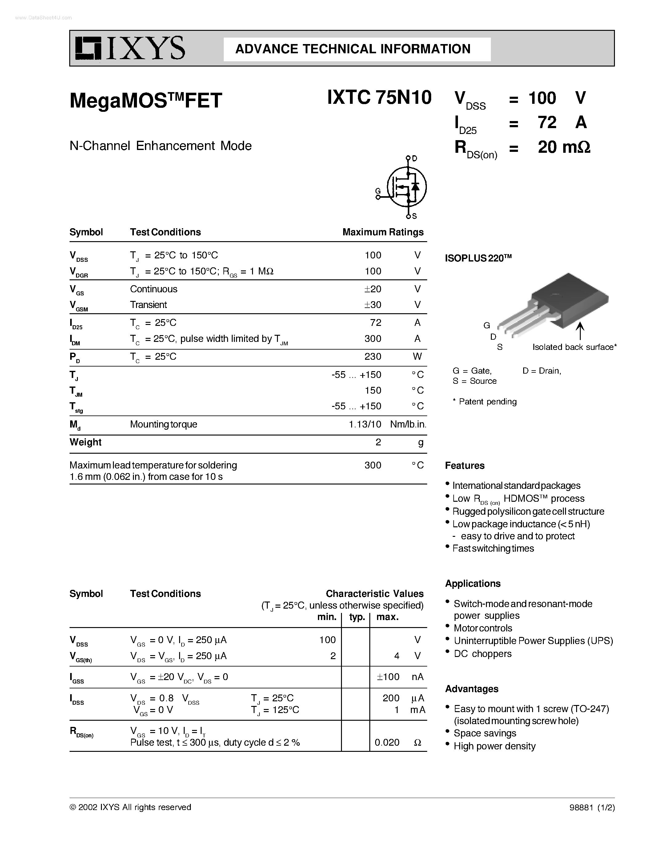 Datasheet IXTC75N10 - N-Channel Enhancement Mode page 1