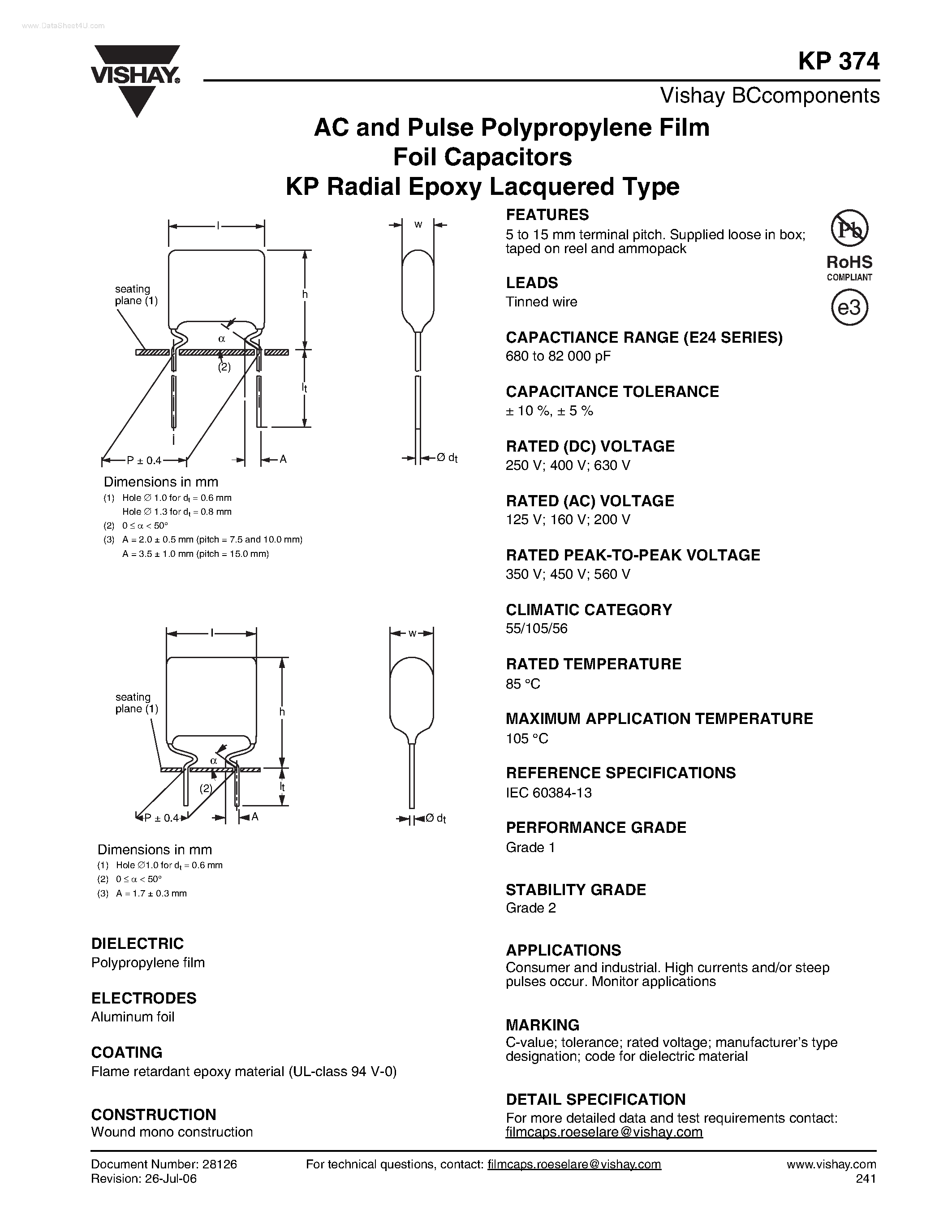 Datasheet KP374 - AC and Pulse Polypropylene Film Foil Capacitors KP Radial Epoxy Lacquered Type page 1
