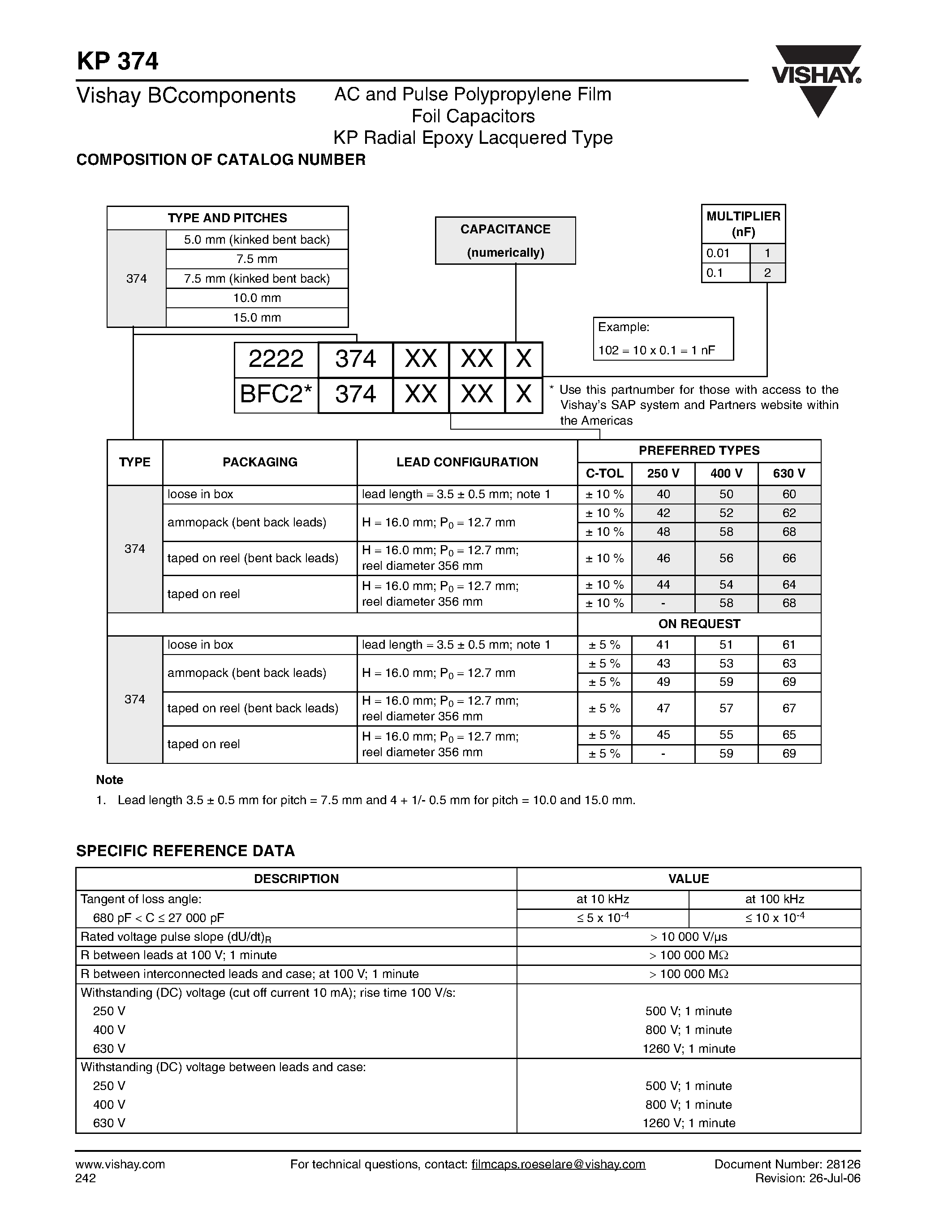 Datasheet KP374 - AC and Pulse Polypropylene Film Foil Capacitors KP Radial Epoxy Lacquered Type page 2