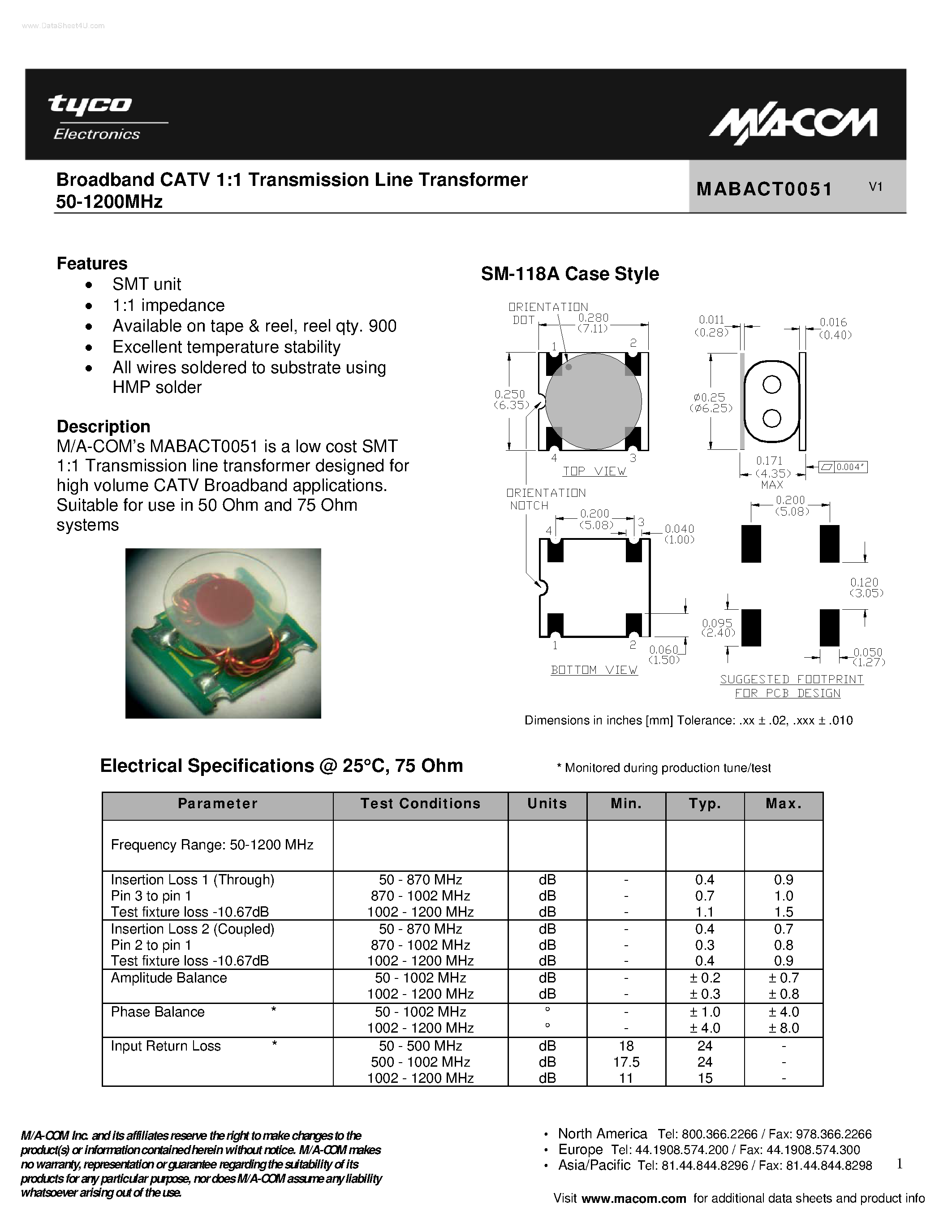 Даташит MABACT0051 - Broadband CATV 1:1 Transmission Line Transformer страница 1