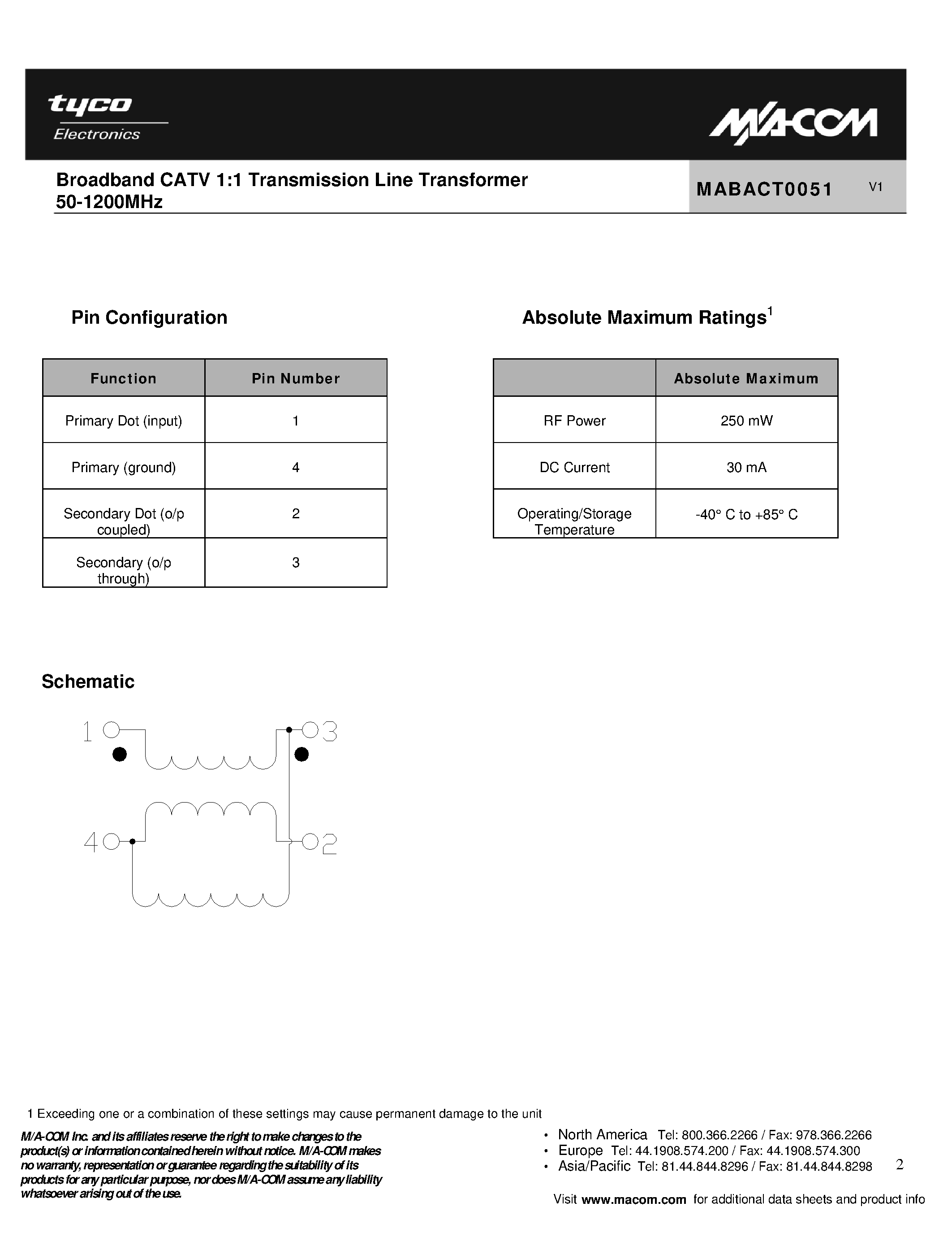 Даташит MABACT0051 - Broadband CATV 1:1 Transmission Line Transformer страница 2